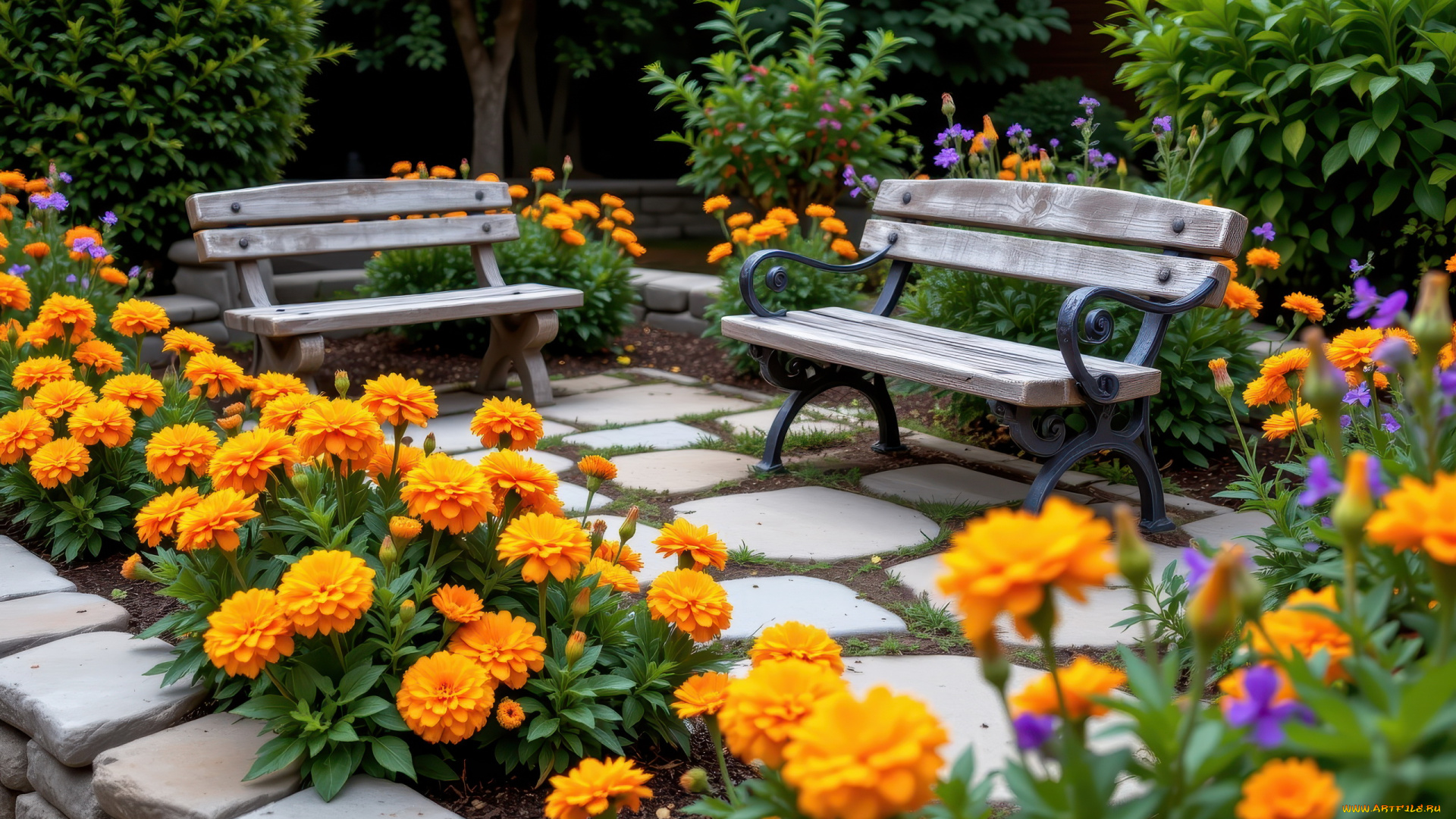 3д, графика, природа, , nature, парк, скамейки, бархатцы