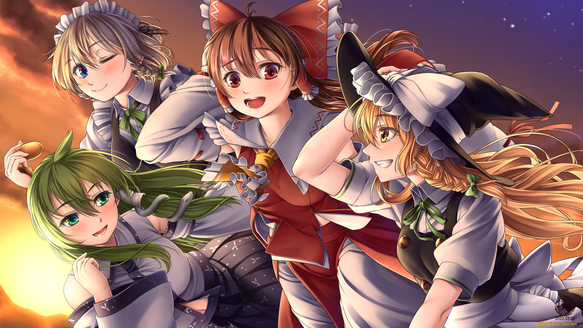 аниме, touhou, женщина, reimu, hakurei, marisa, kirisame, sakuya, izayoi, sanae, kochiya