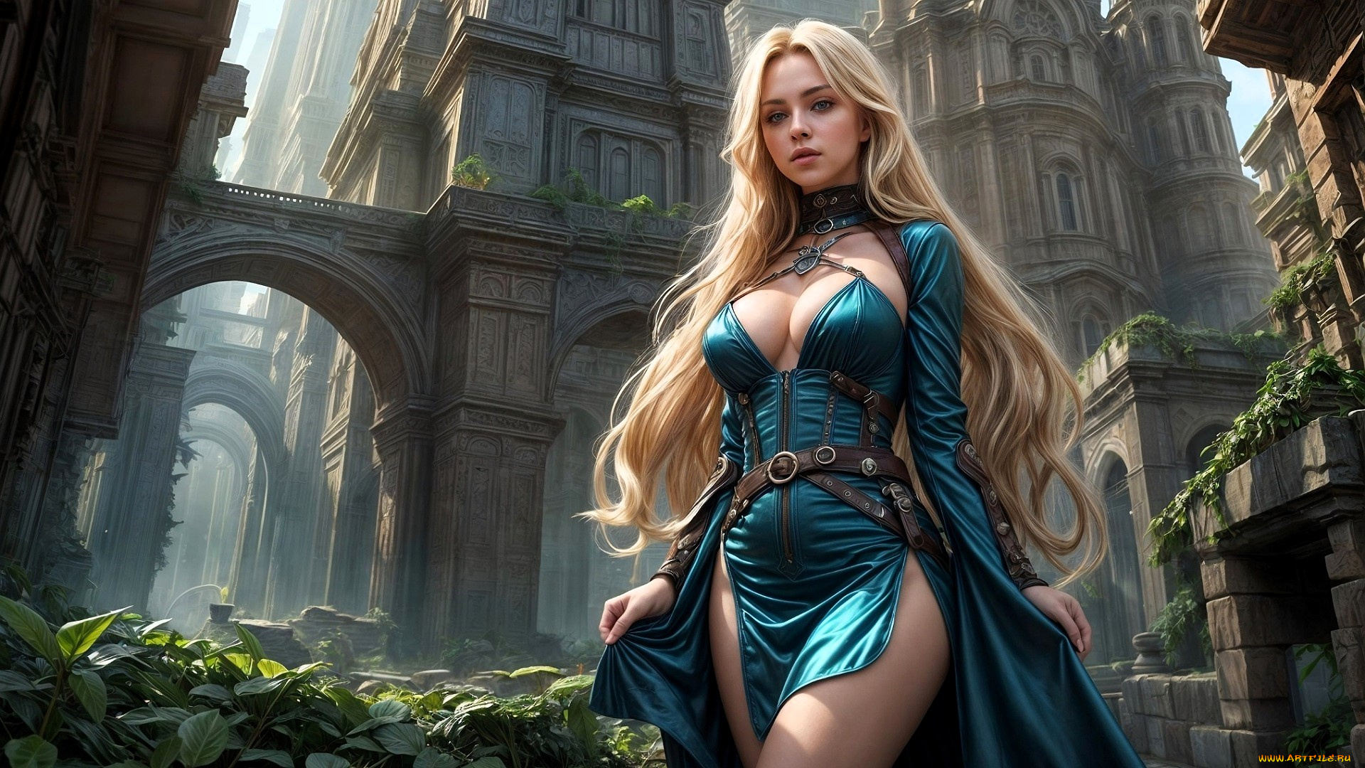 фэнтези, девушки, девушка, блондинка, наряд, листья, замок