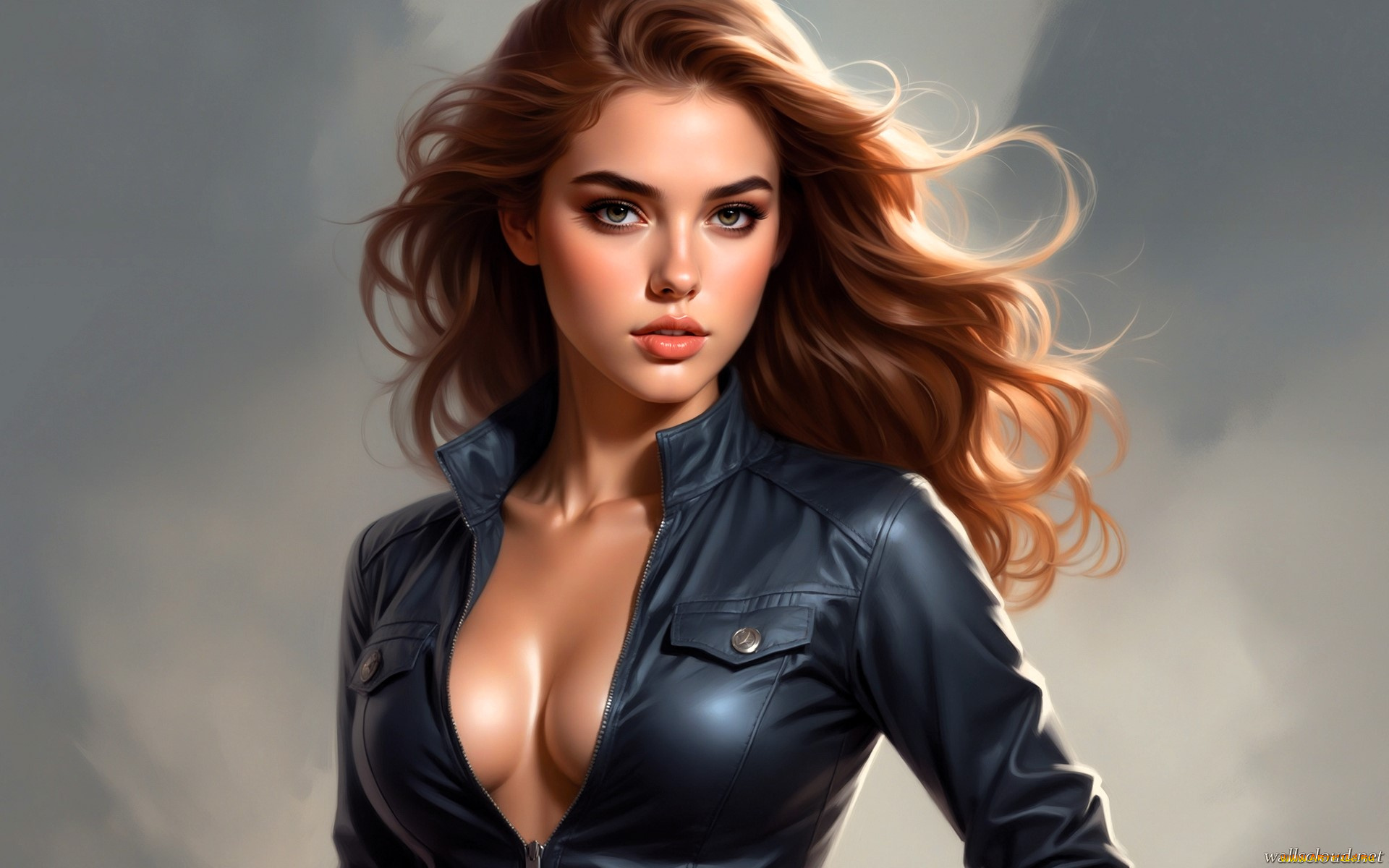 рисованное, люди, девушка, шатенка, декольте, грудь, куртка