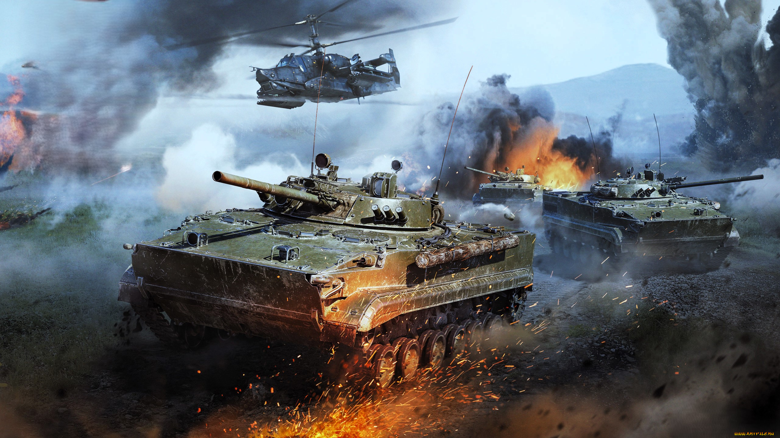 видео, игры, war, thunder, вертолет, танки, огонь, дым