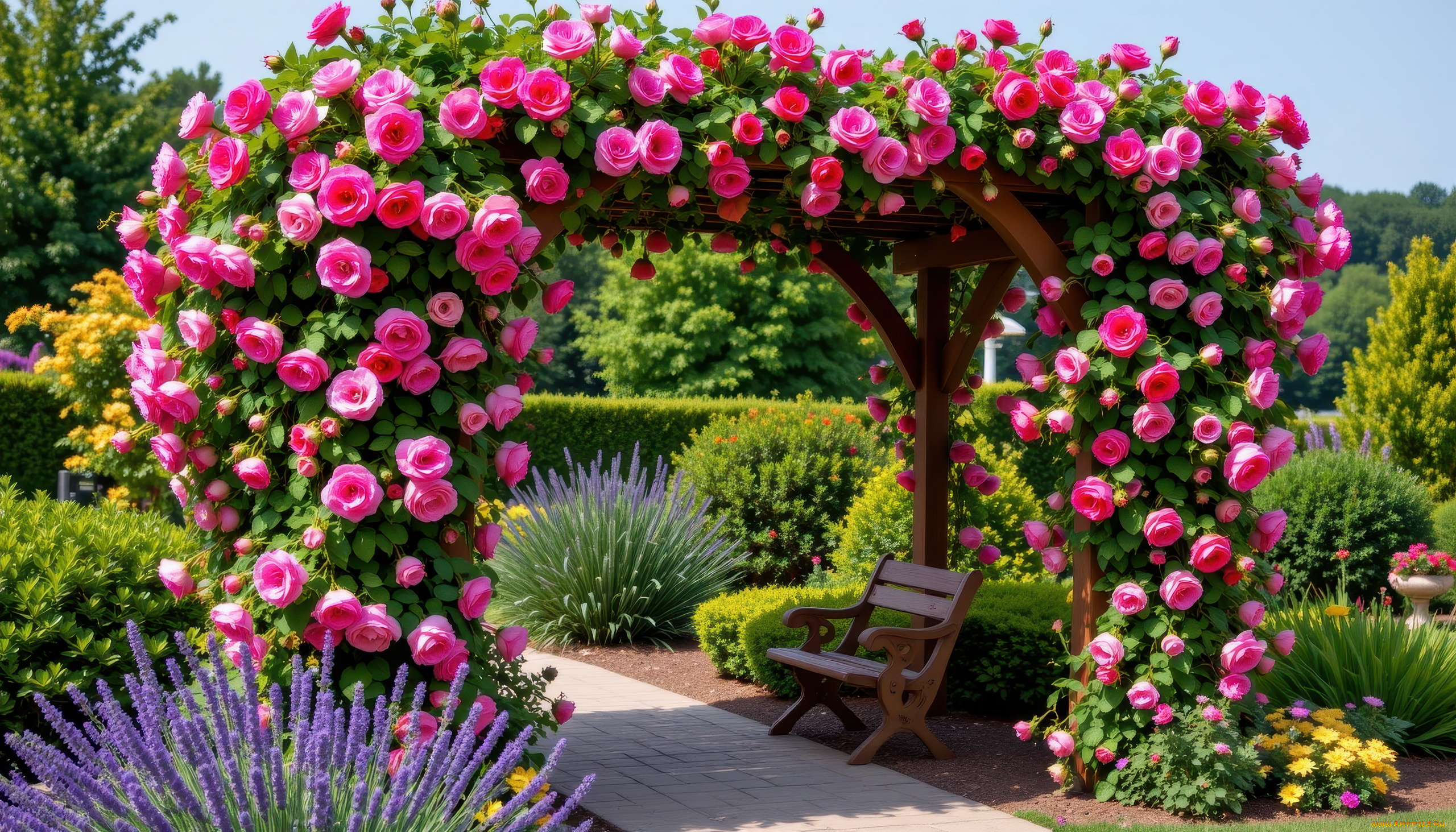 3д, графика, природа, , nature, парк, скамейка, арка, розы, клумбы