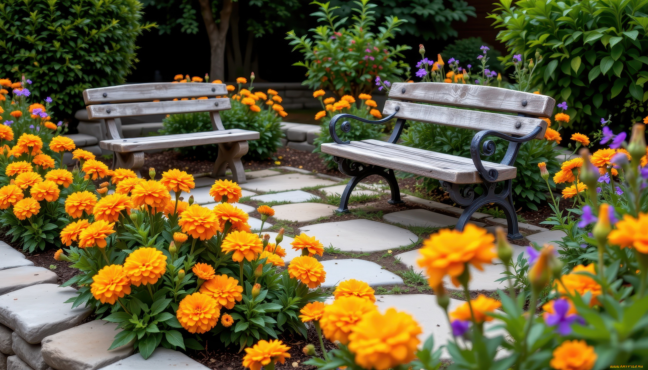 3д, графика, природа, , nature, парк, скамейки, бархатцы