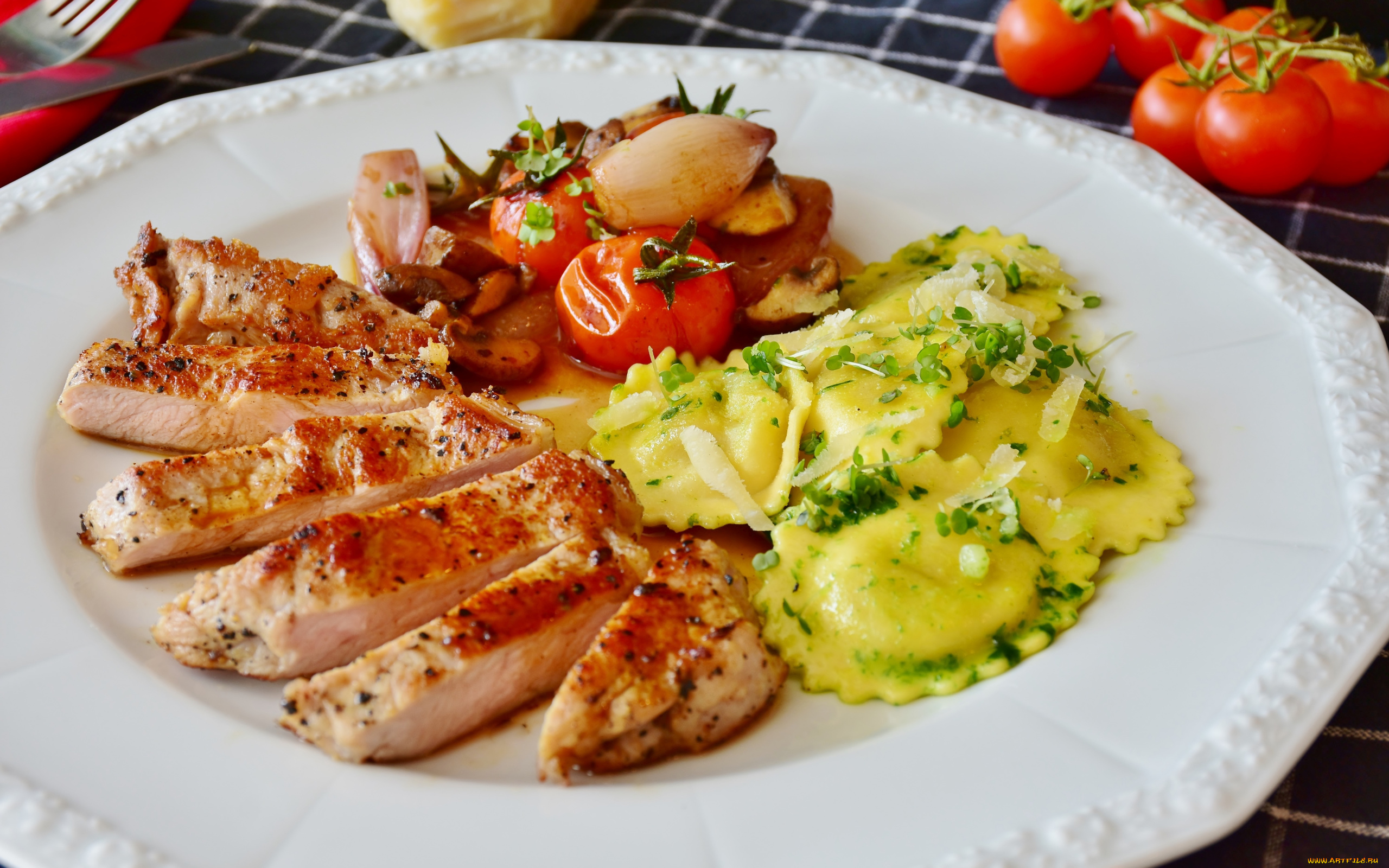 еда, мясные, блюда, овощи, равиоли, куриное, филе