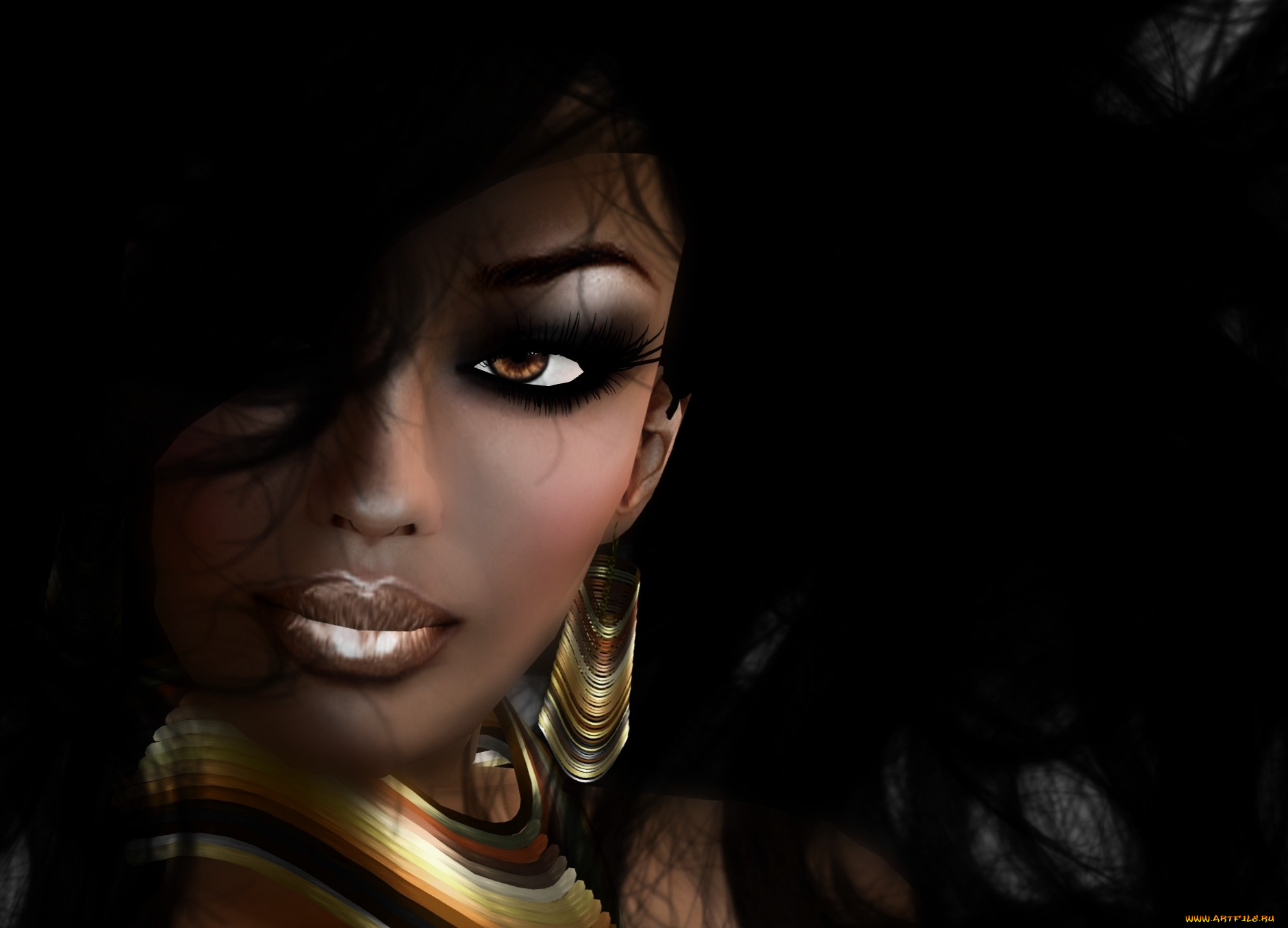 3д, графика, portraits, портрет, чернокожая, серьги, волосы