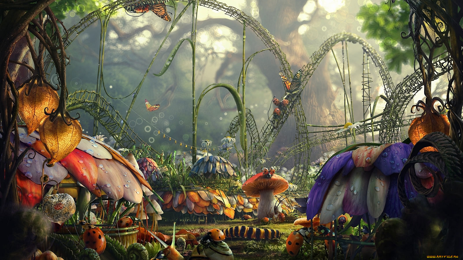 фэнтези, иные, миры, времена, грибы, цветы, бабочки, божьи, коровки, улитка