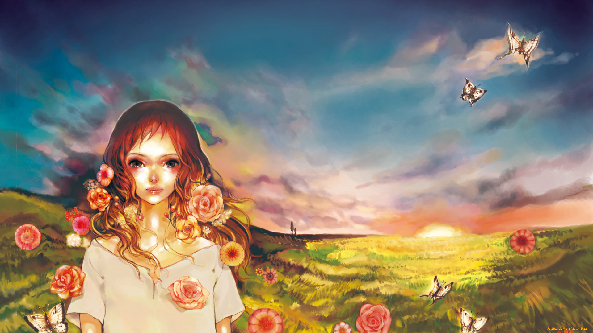 рисованные, люди, девочка, цветы, поле, быбочки