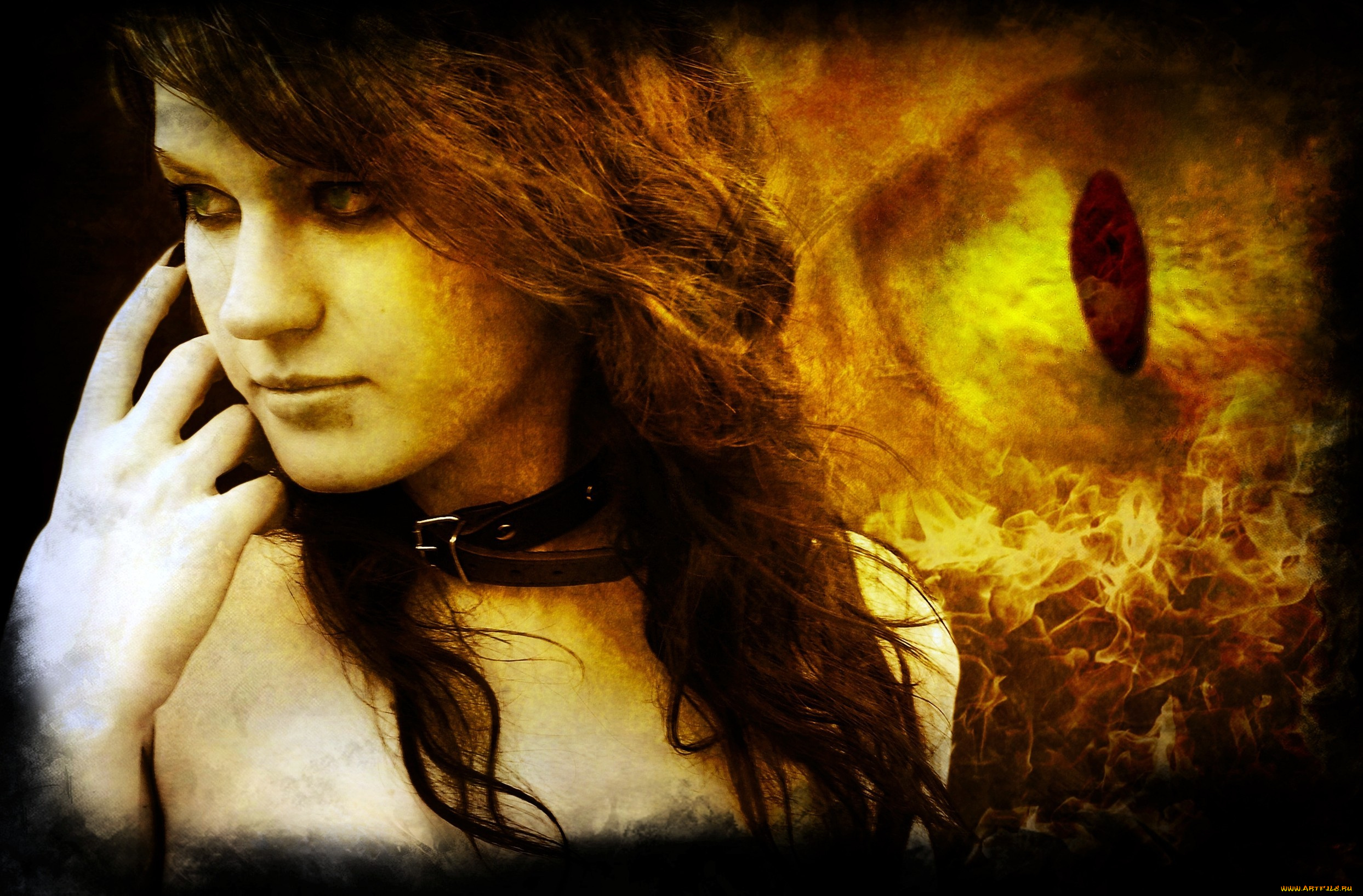фэнтези, девушки, глаз, ошейник, огонь