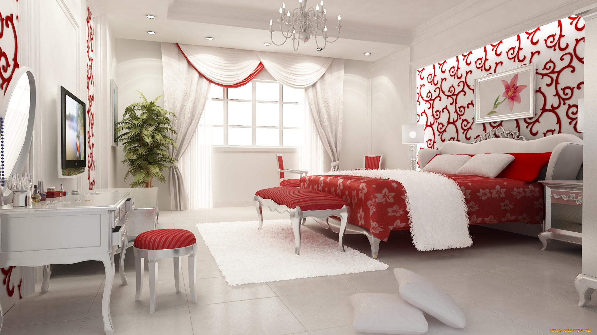 3д, графика, realism, реализм, подушки, кровать, стол, стул, окно, картины, зеркало, растение