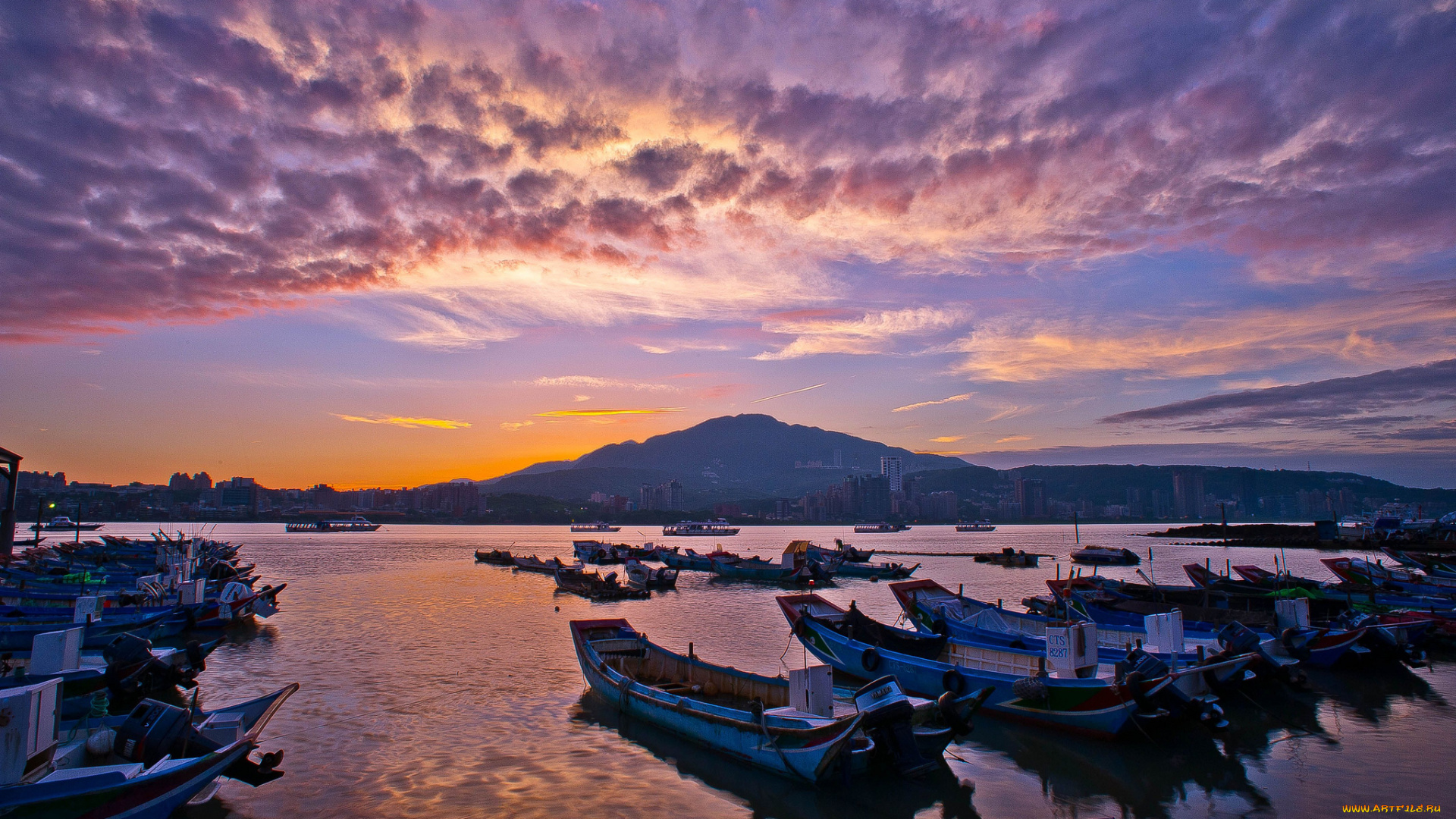 корабли, лодки, шлюпки, бухта, восход