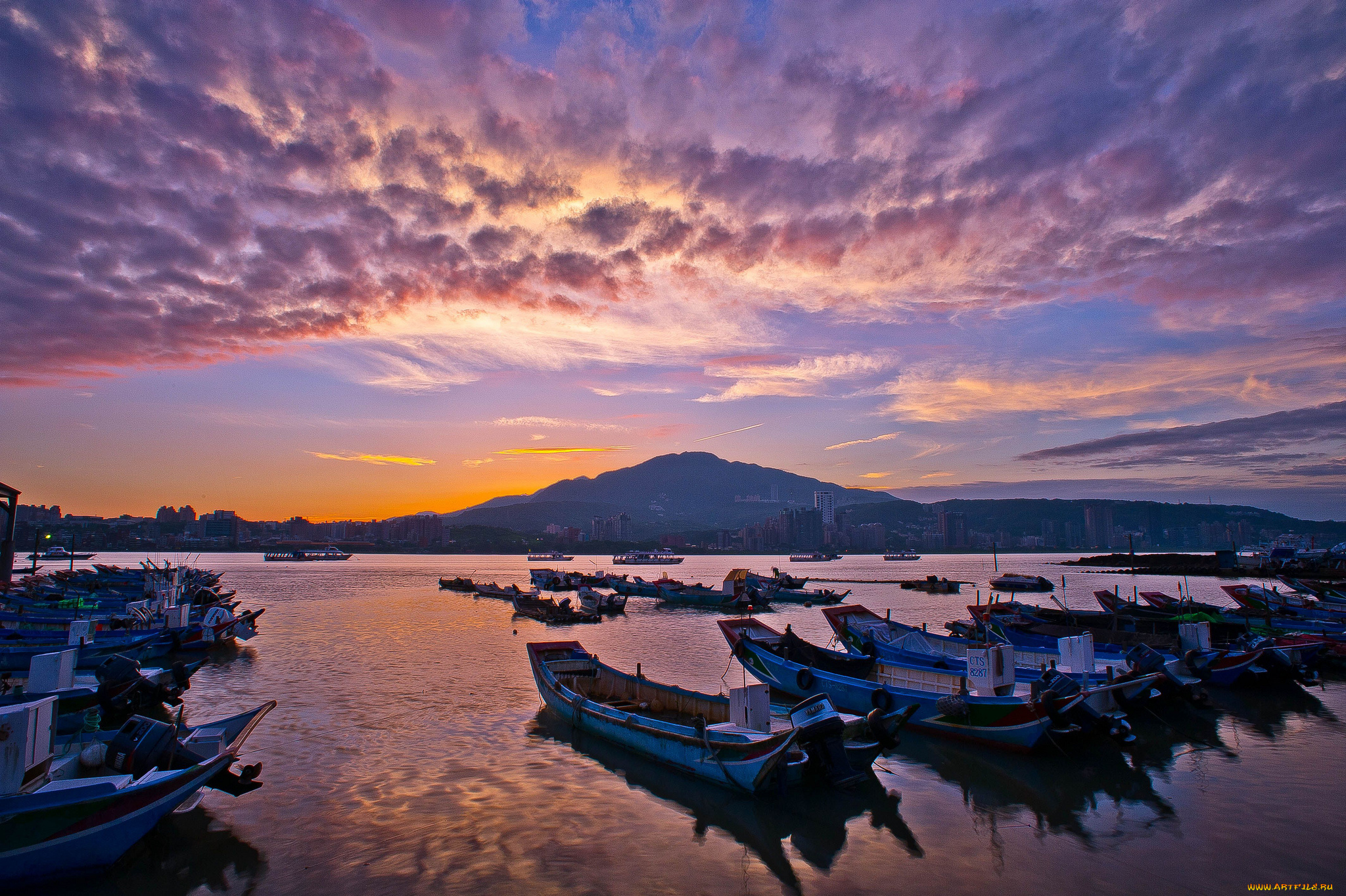 корабли, лодки, шлюпки, бухта, восход