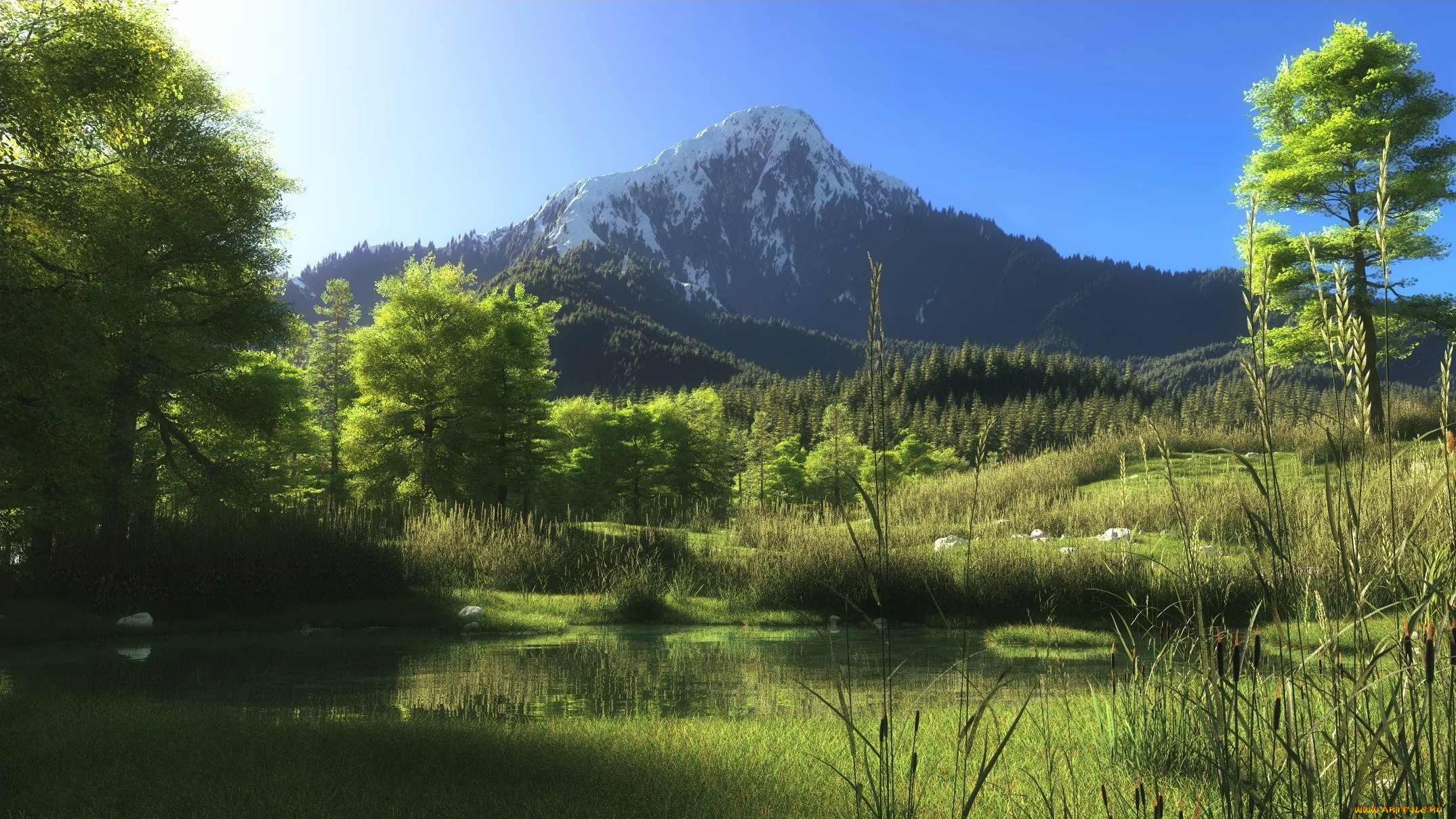 3д, графика, nature, landscape, природа, горы, лес, водоем