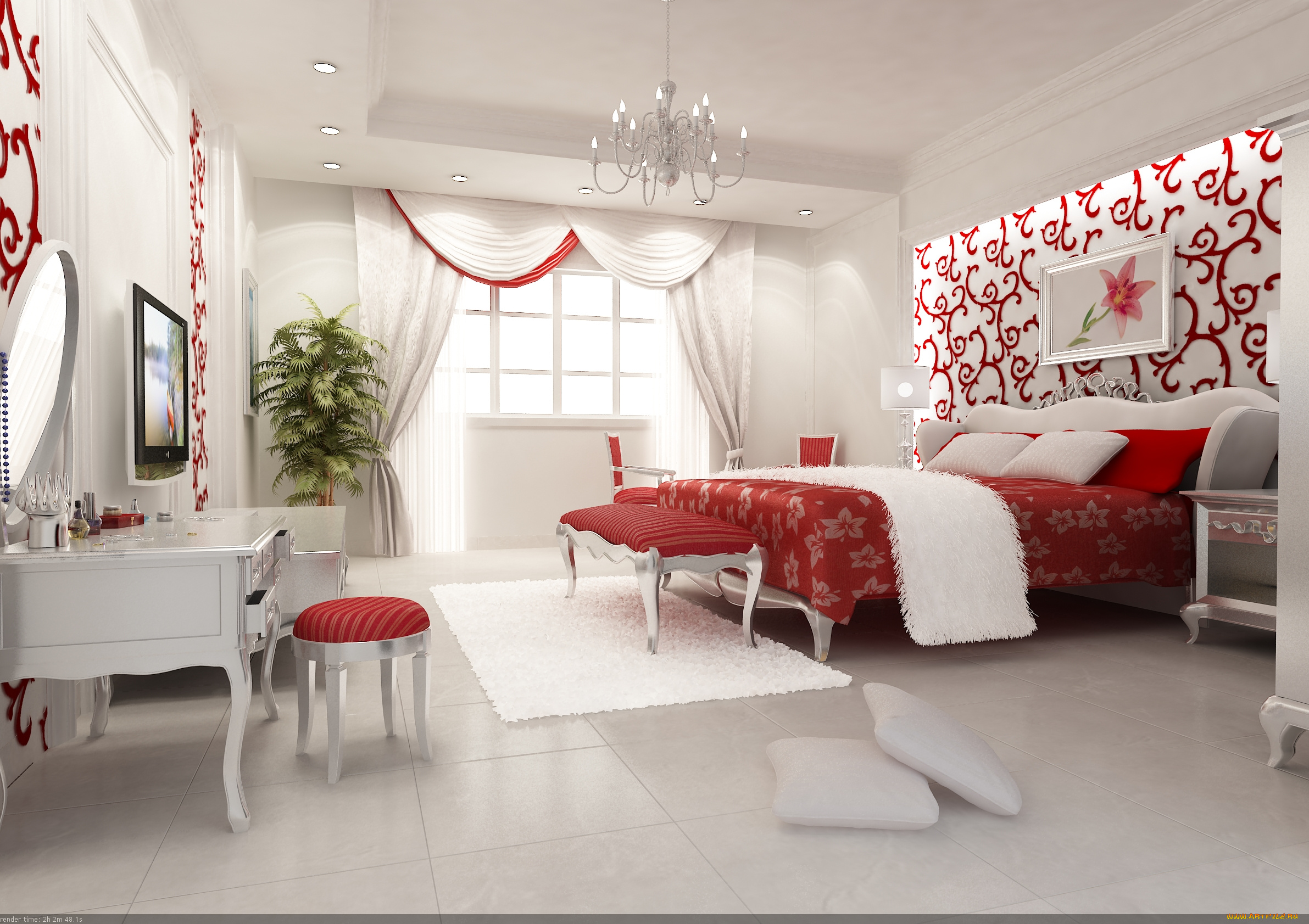 3д, графика, realism, реализм, подушки, кровать, стол, стул, окно, картины, зеркало, растение