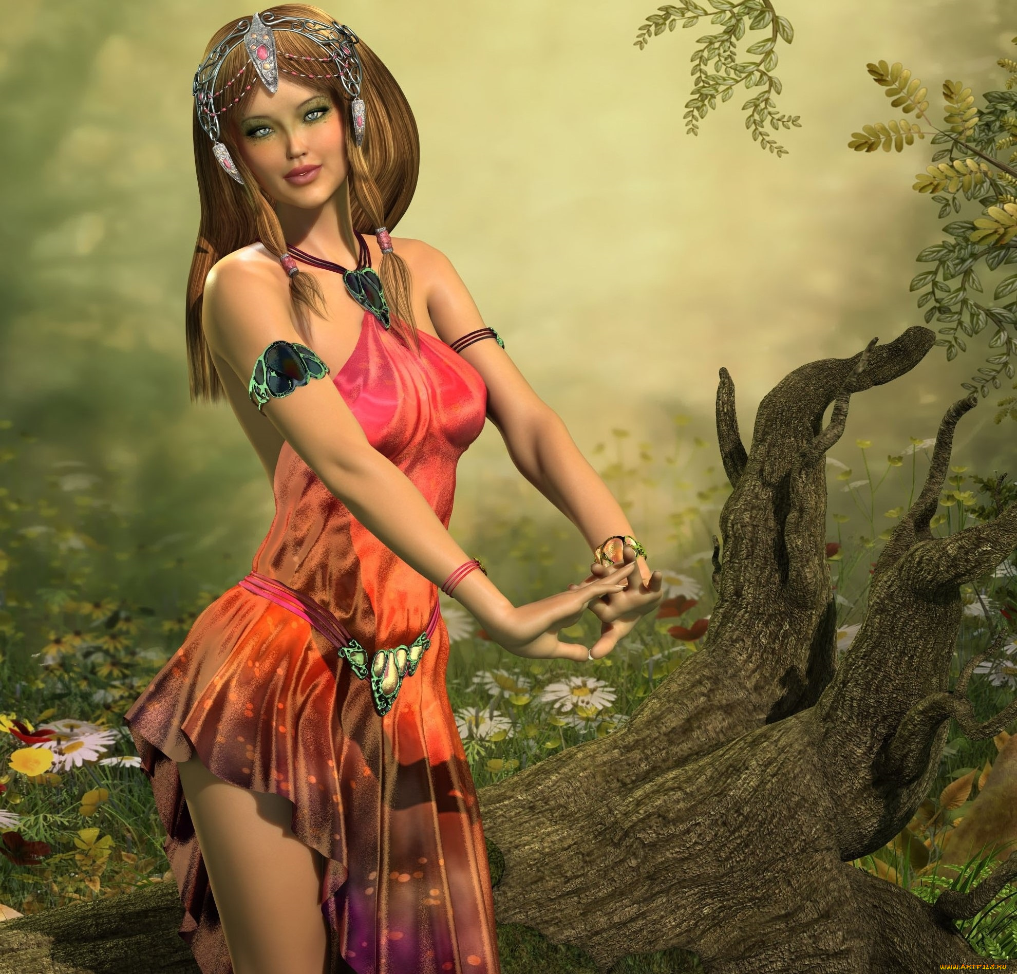 3д, графика, люди, , people, девушка, коряга, улыбка, взгляд