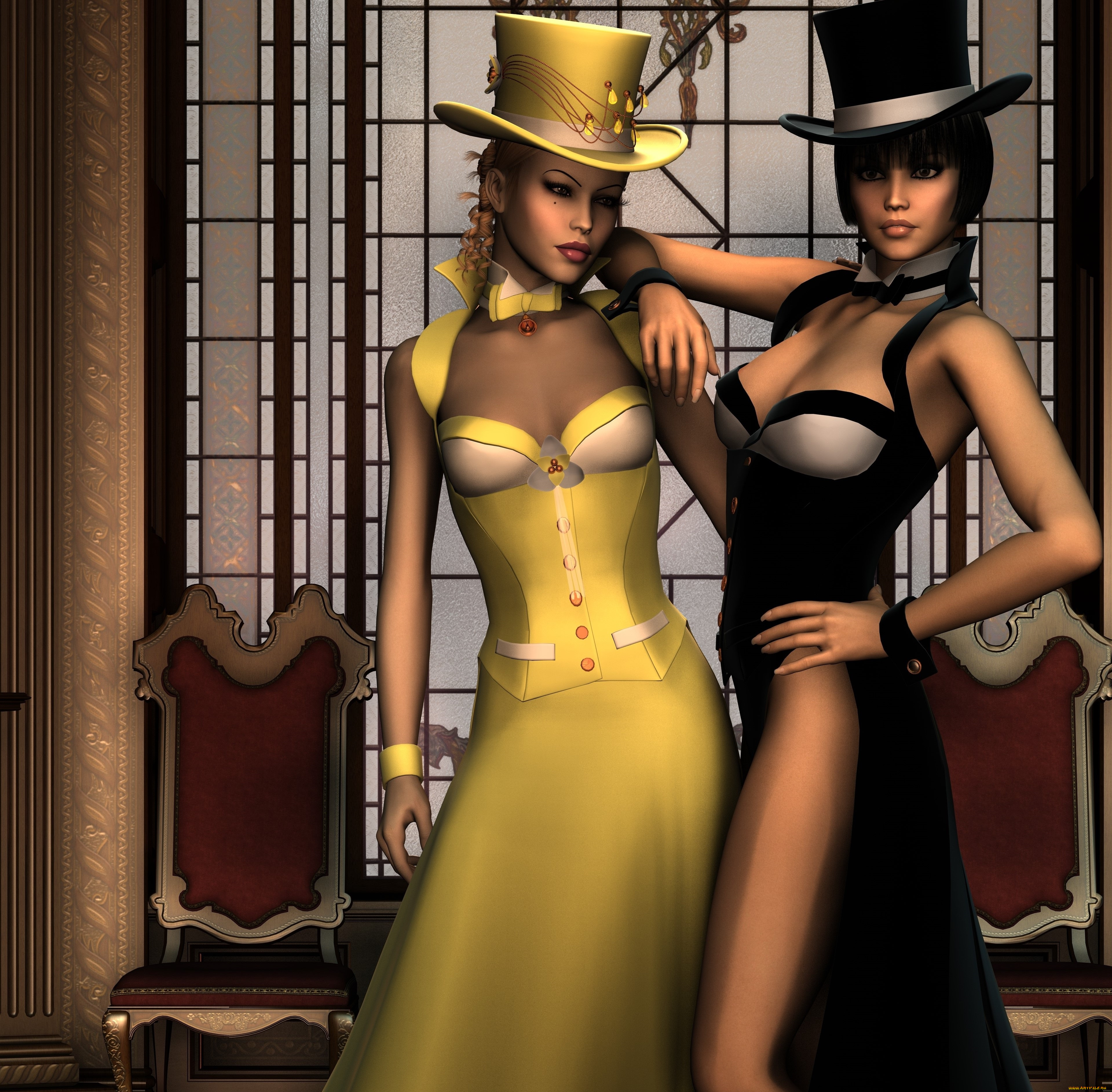 3д, графика, люди, , people, шляпа, взгляд, девушки