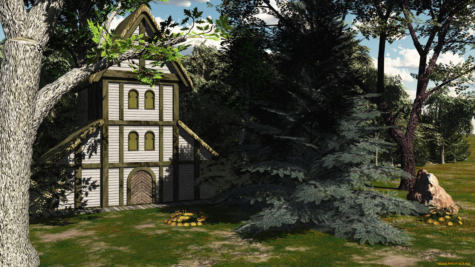 3д, графика, архитектура, , architecture, лето, деревья, домик