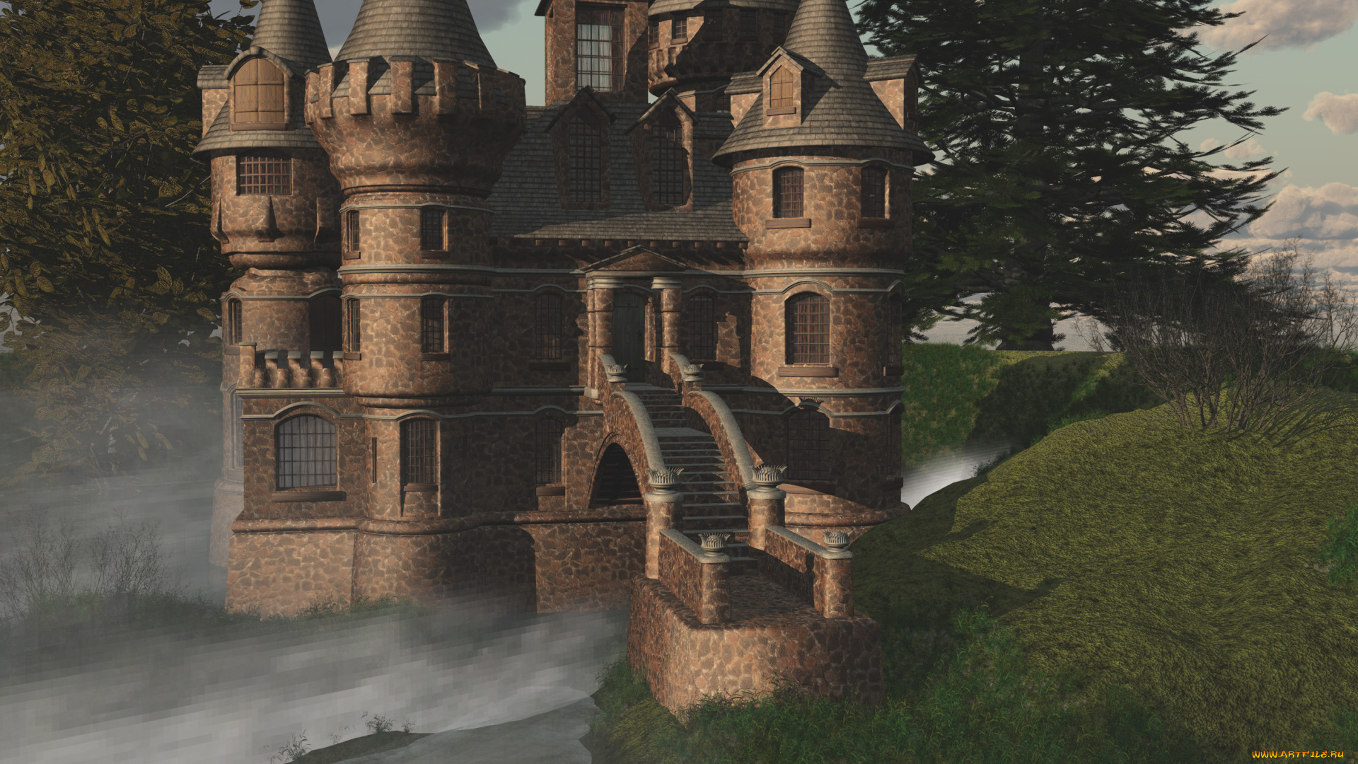 3д, графика, архитектура, , architecture, замок, лес, река