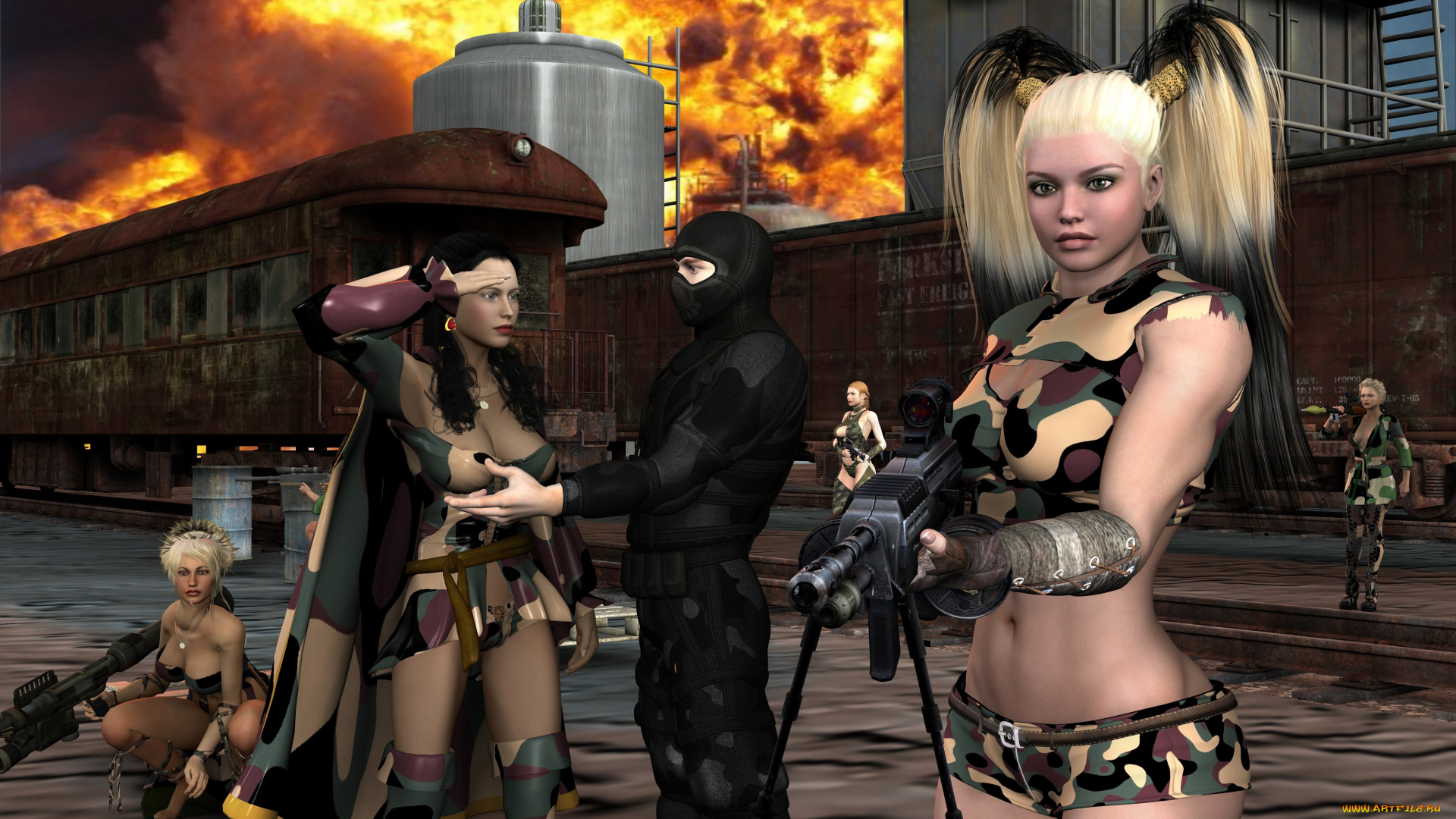 3д, графика, фантазия, , fantasy, оружие, ниндзя, девушки, взгляд, фон