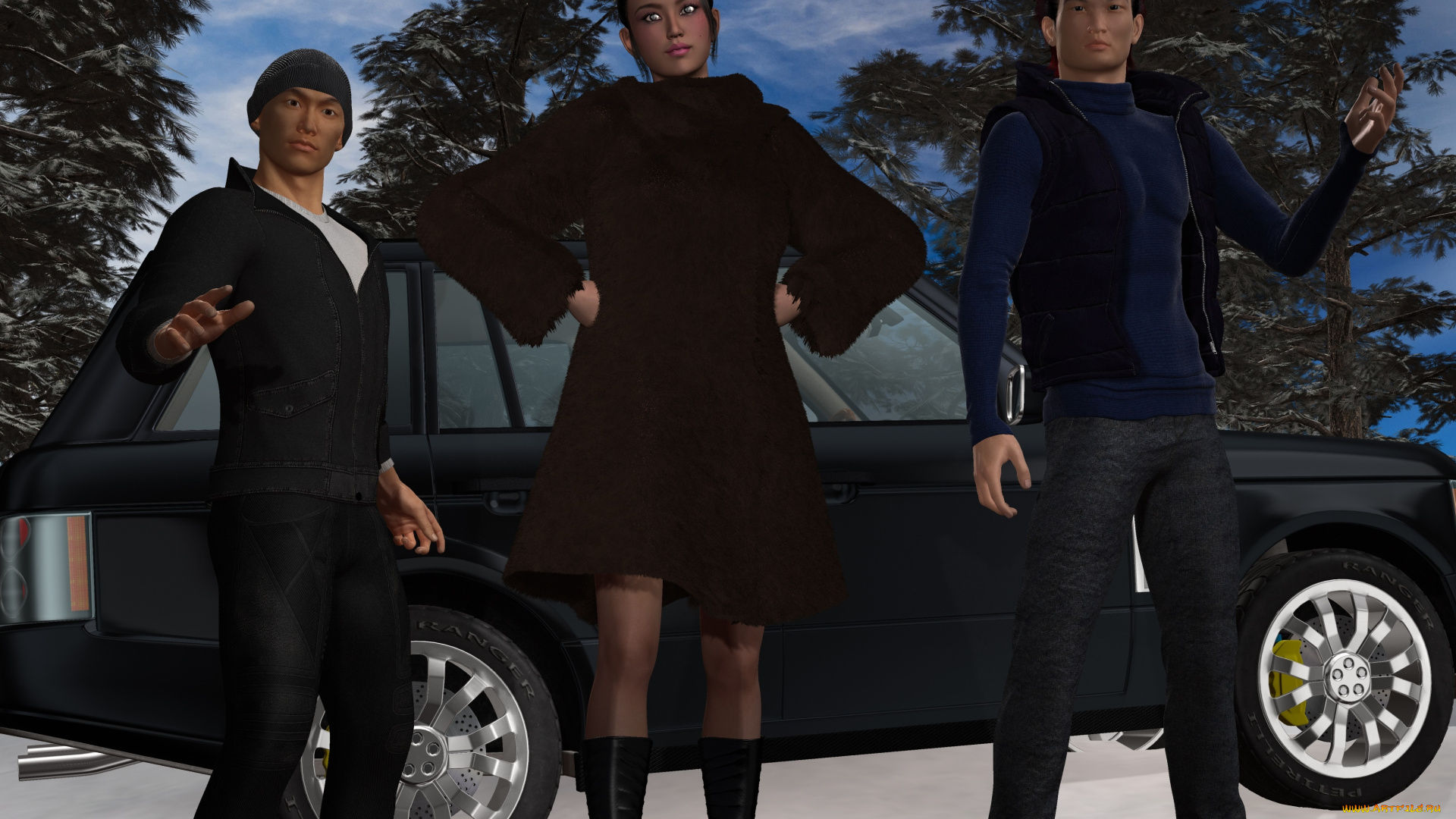 3д, графика, фантазия, , fantasy, парни, взгляд, фон, девушка, автомобиль