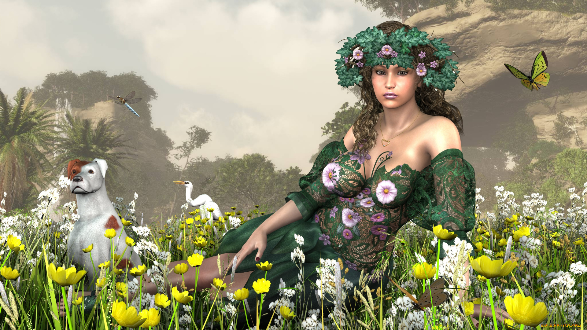 3д, графика, люди, , people, девушка, взгляд, фон, венок, аист, стрекоза, цветы, бабочка, собака, лес, горы