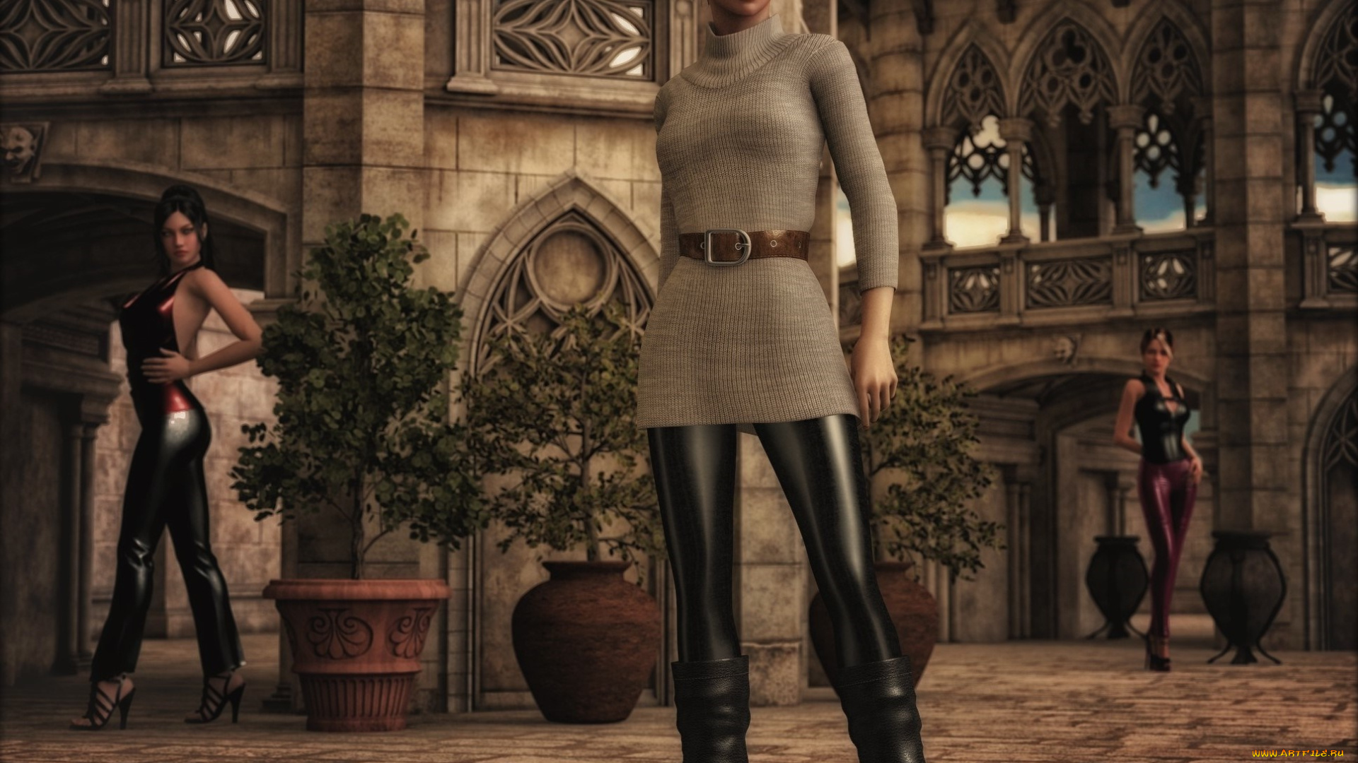 3д, графика, люди, , people, двор, фон, девушки, взгляд, дома