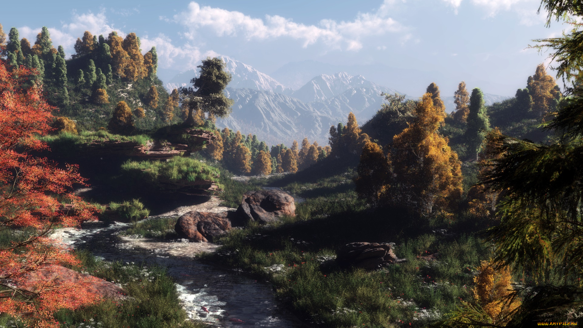 3д, графика, природа, , nature, лес, горы, облака, река
