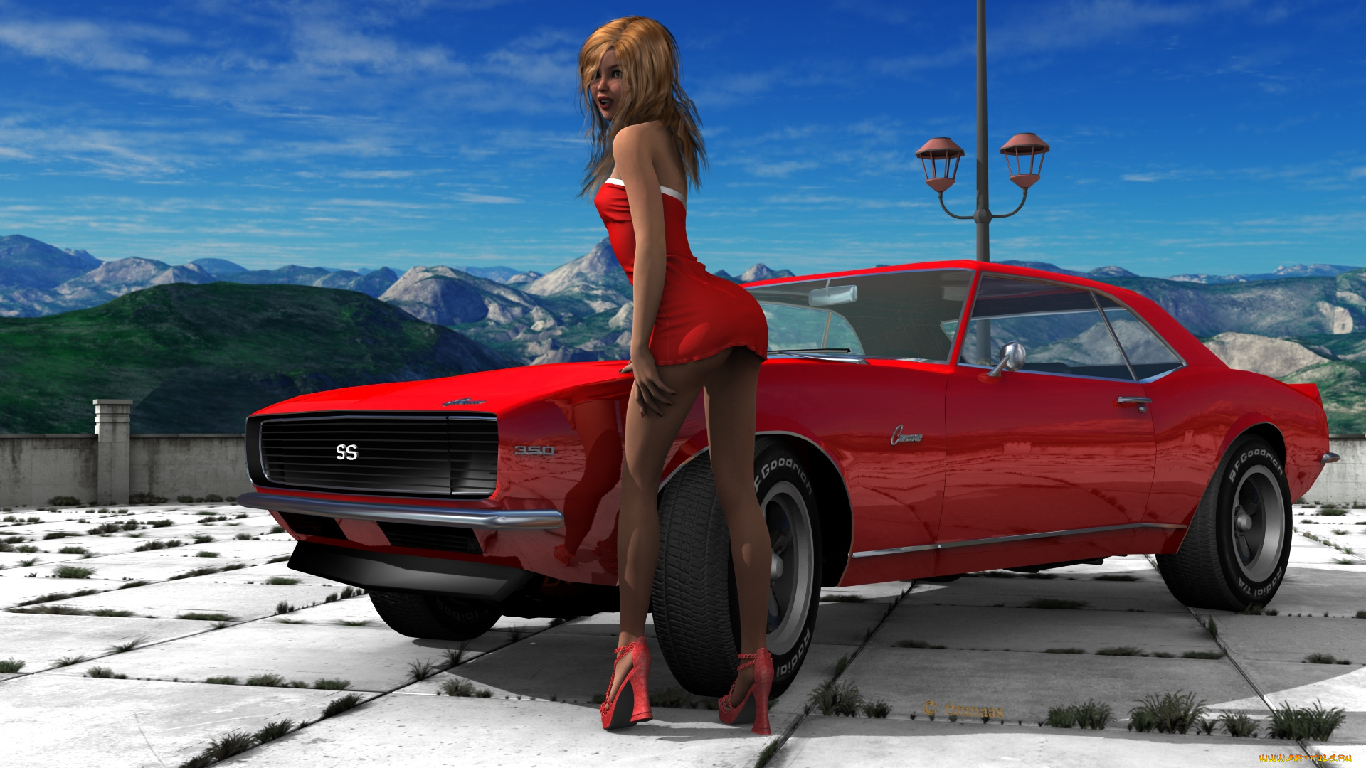автомобили, 3d, car&girl, автомобиль, фон, взгляд, девушка