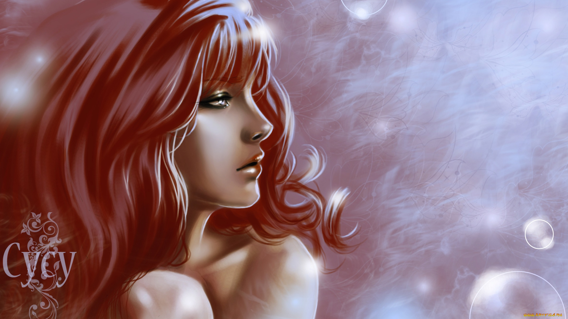 рисованное, люди, рыжая, пузырьки, профиль, девушка