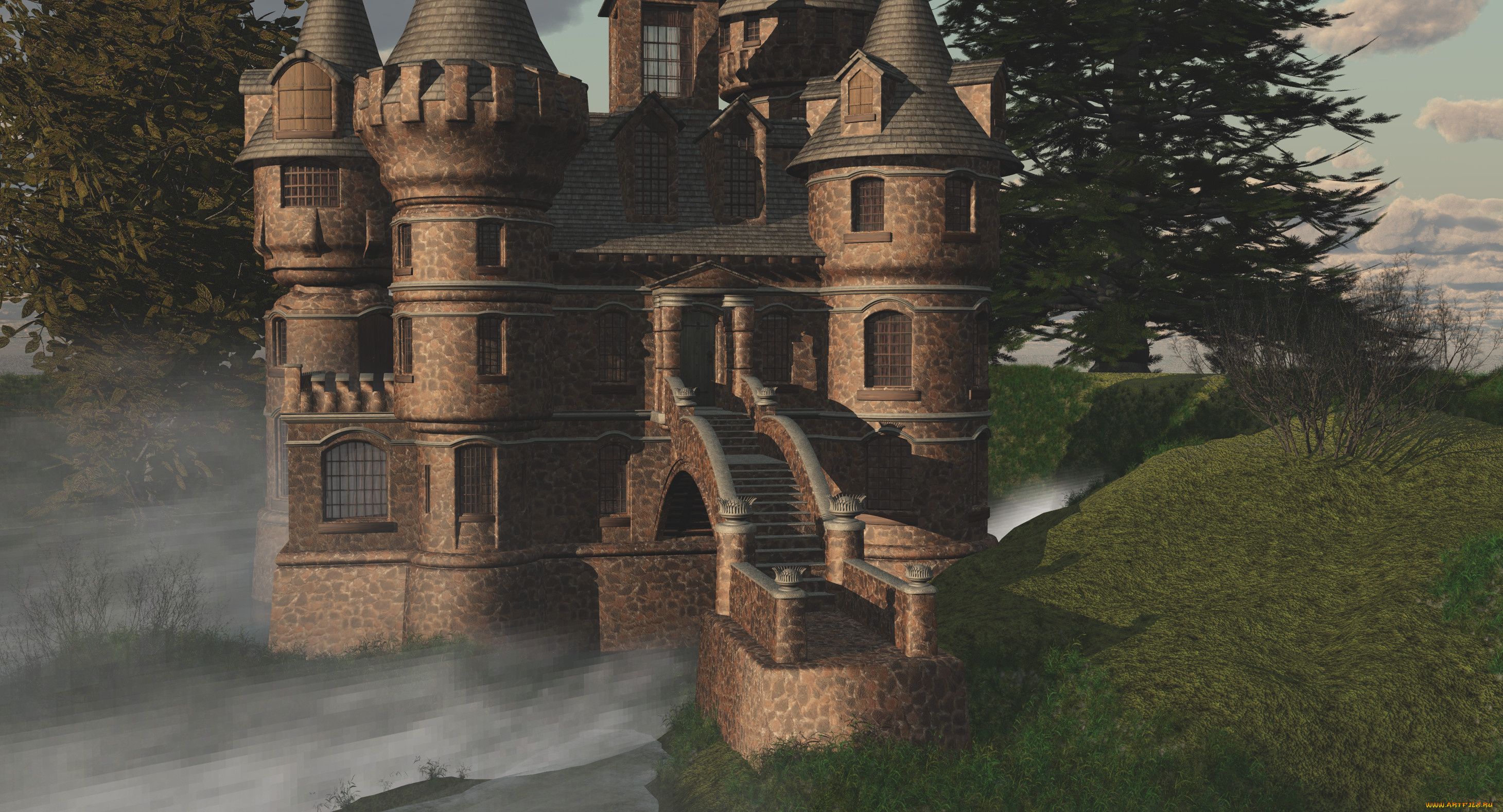 3д, графика, архитектура, , architecture, замок, лес, река