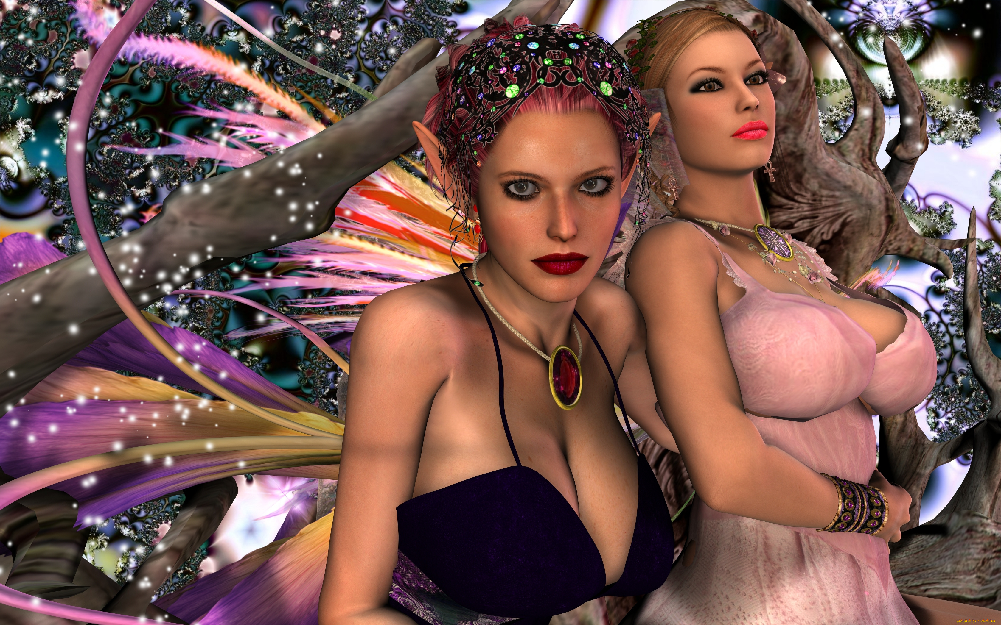 3д, графика, эльфы, , elves, взгляд, эльфийки, фон