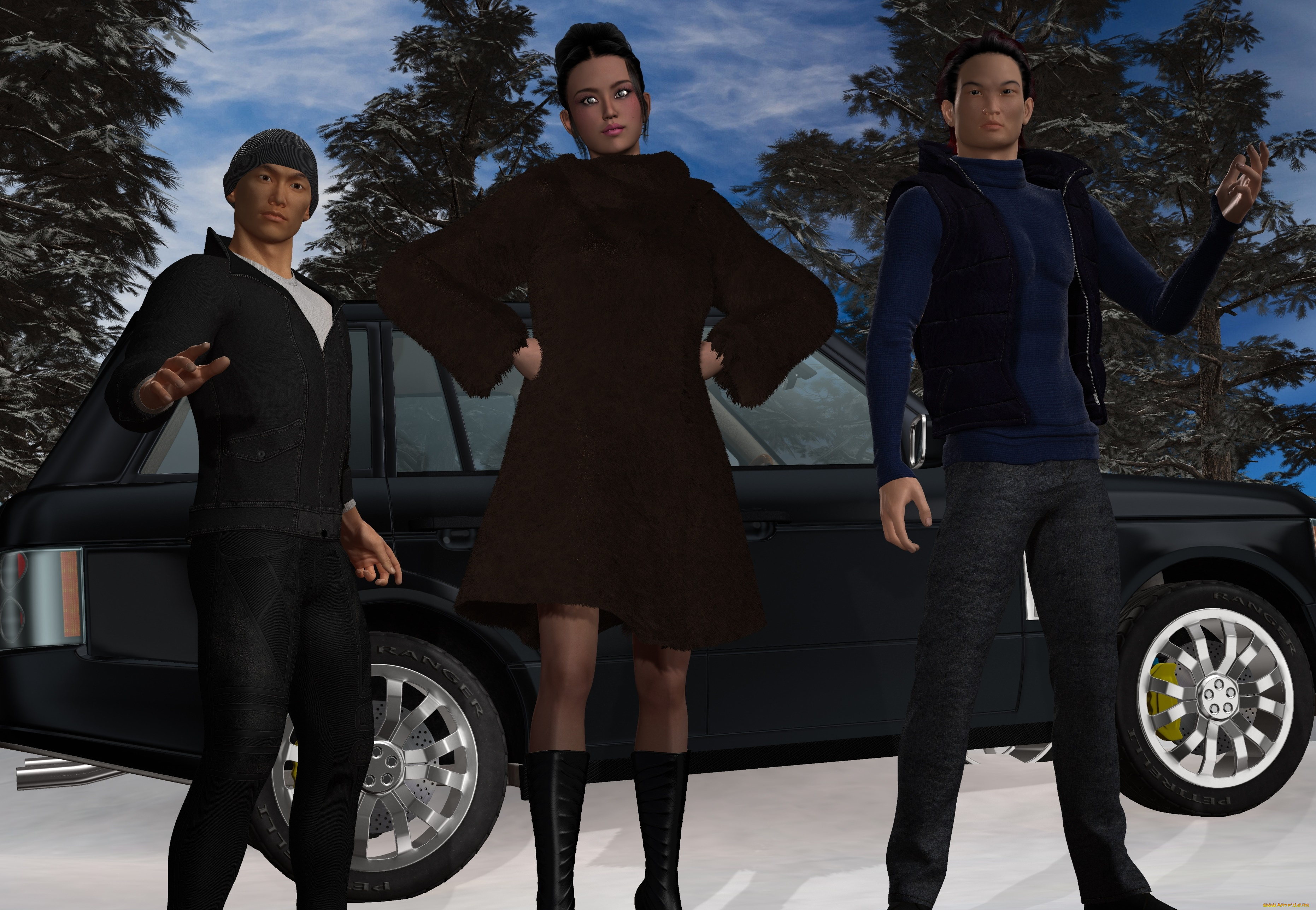 3д, графика, фантазия, , fantasy, парни, взгляд, фон, девушка, автомобиль