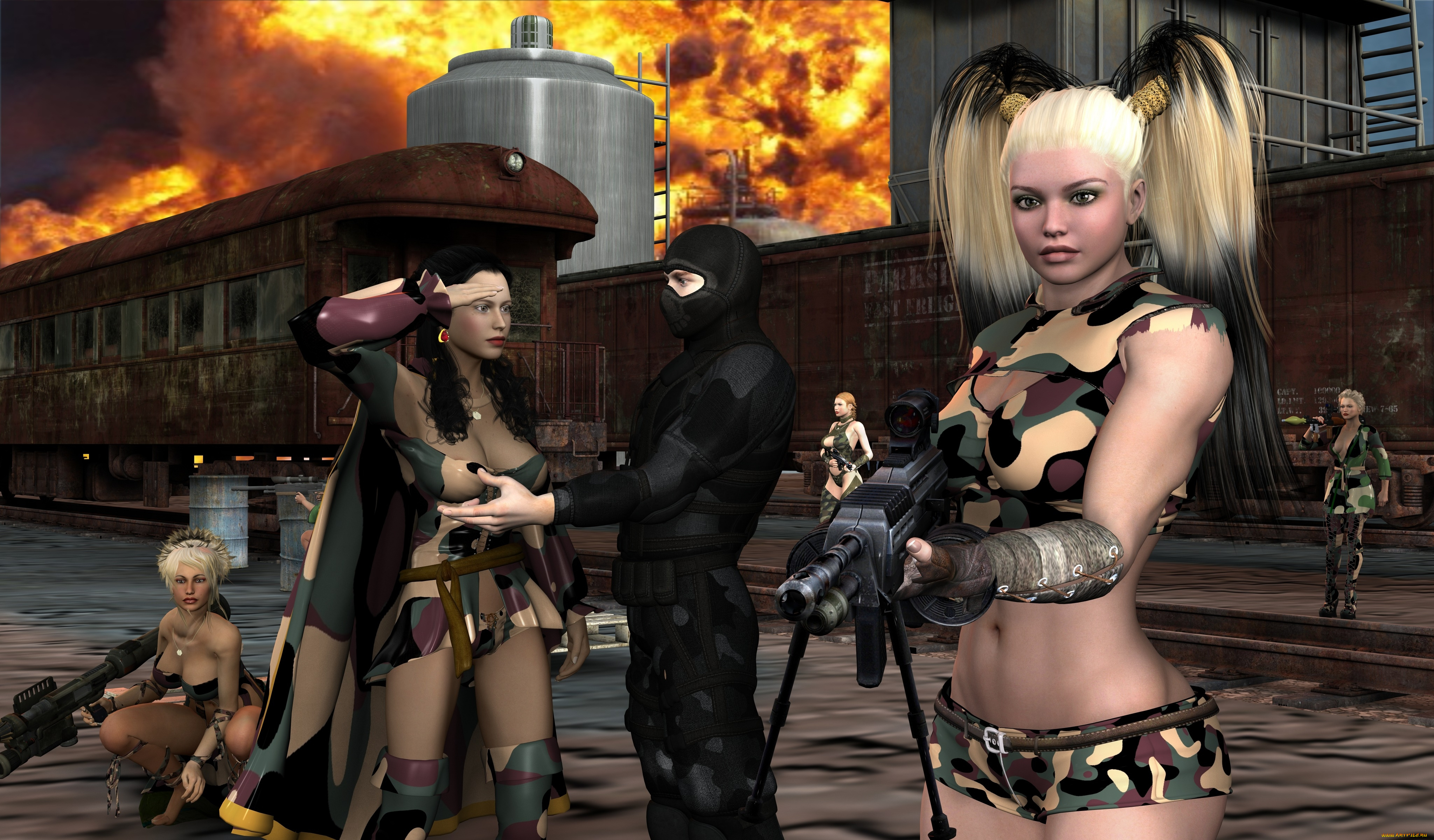 3д, графика, фантазия, , fantasy, оружие, ниндзя, девушки, взгляд, фон