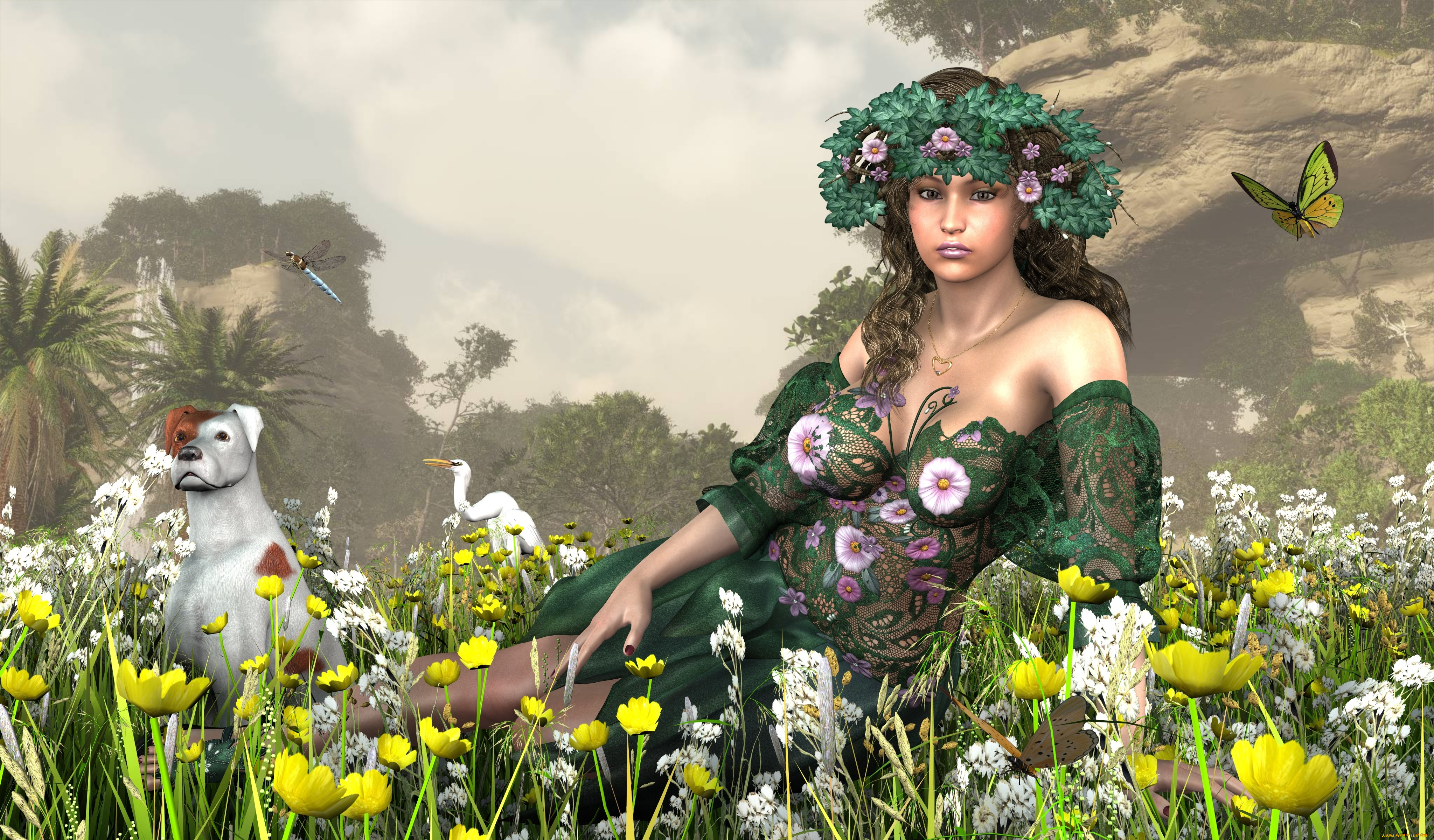 3д, графика, люди, , people, девушка, взгляд, фон, венок, аист, стрекоза, цветы, бабочка, собака, лес, горы