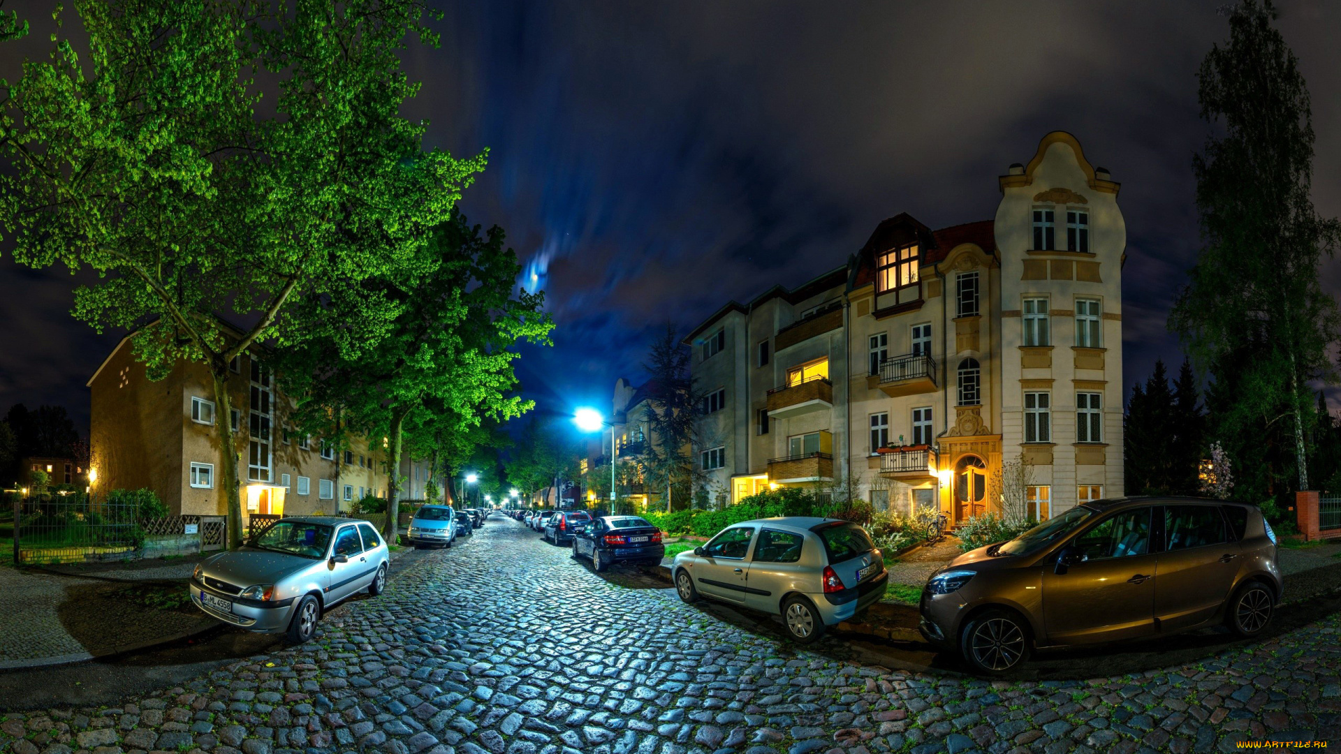 города, берлин, , германия, улица, автомобили, дома, брусчатка, ночь