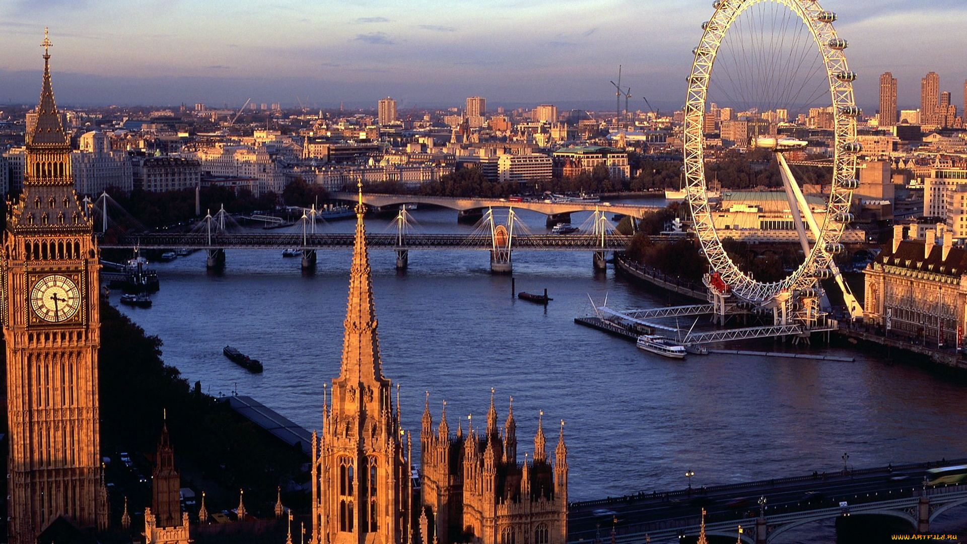 города, лондон, , великобритания, панорама, обозрения, мост, река, часы, башня, колесо