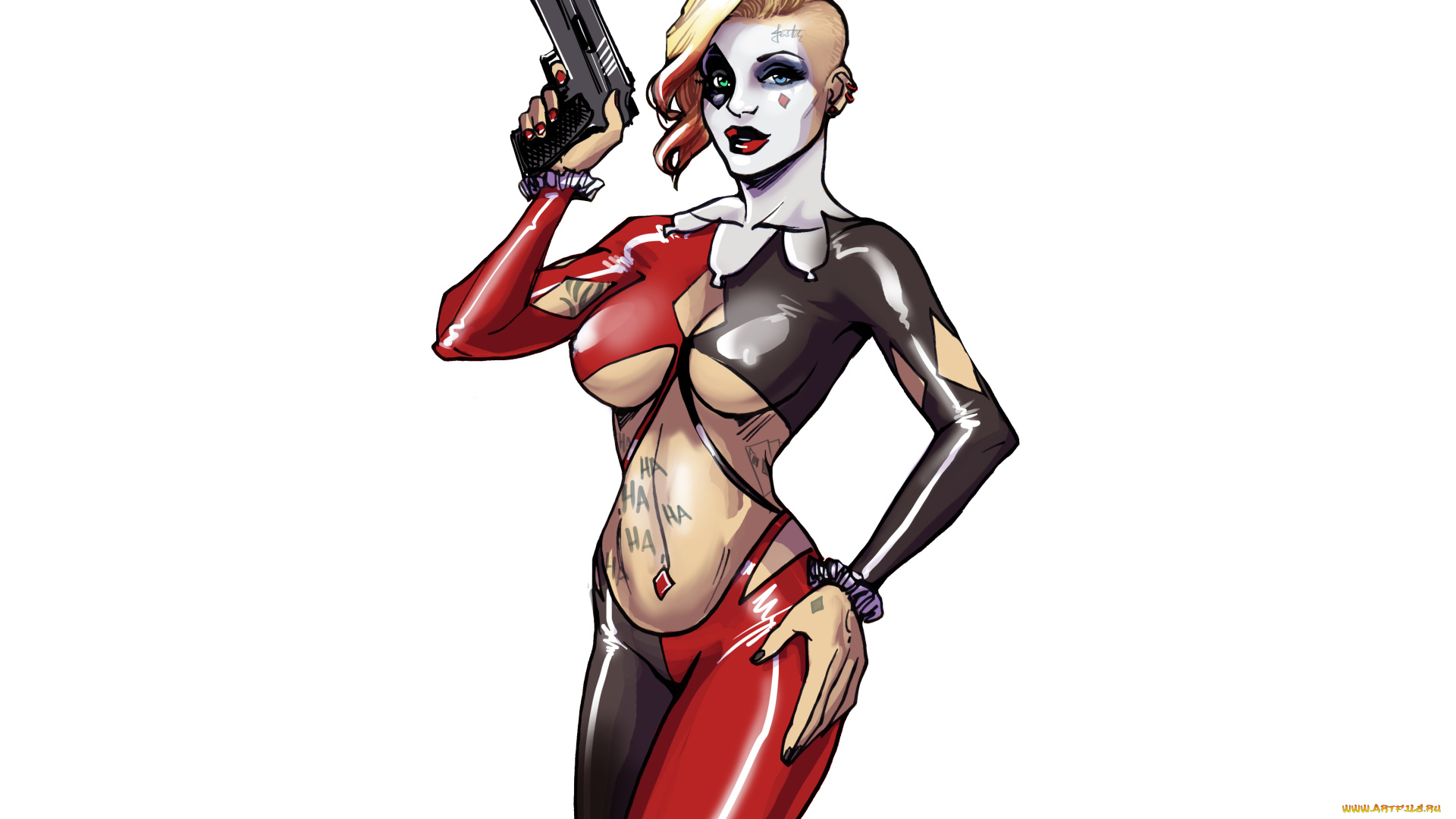 рисованное, комиксы, джокер, пистолет, униформа, взгляд, фон, девушка