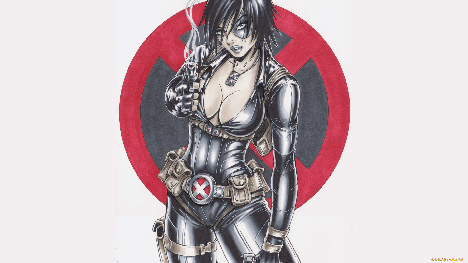 рисованное, комиксы, фон, пистолет, взгляд, девушка, униформа, маска