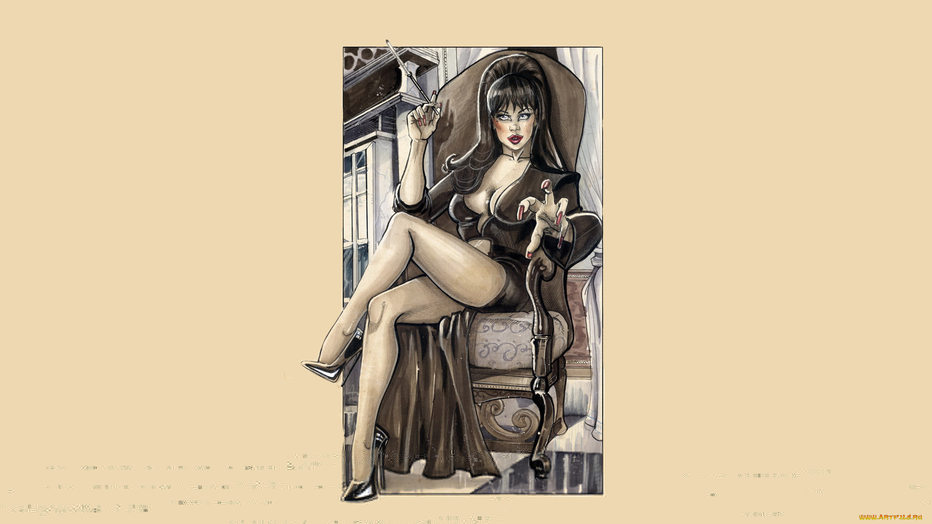 рисованное, люди, фон, девушка, кресло, сигарета, взгляд