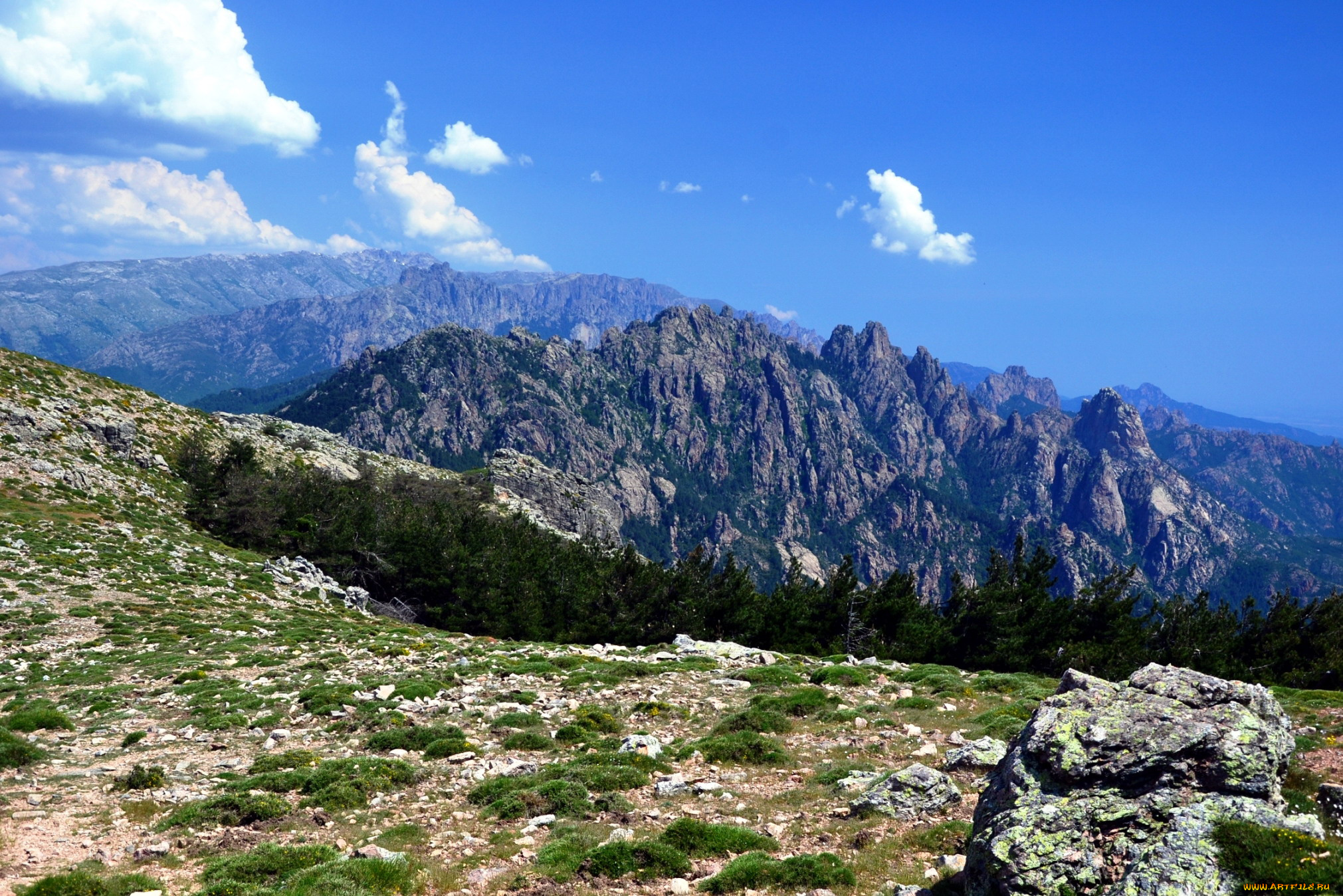 природа, горы, лес, облака, камни