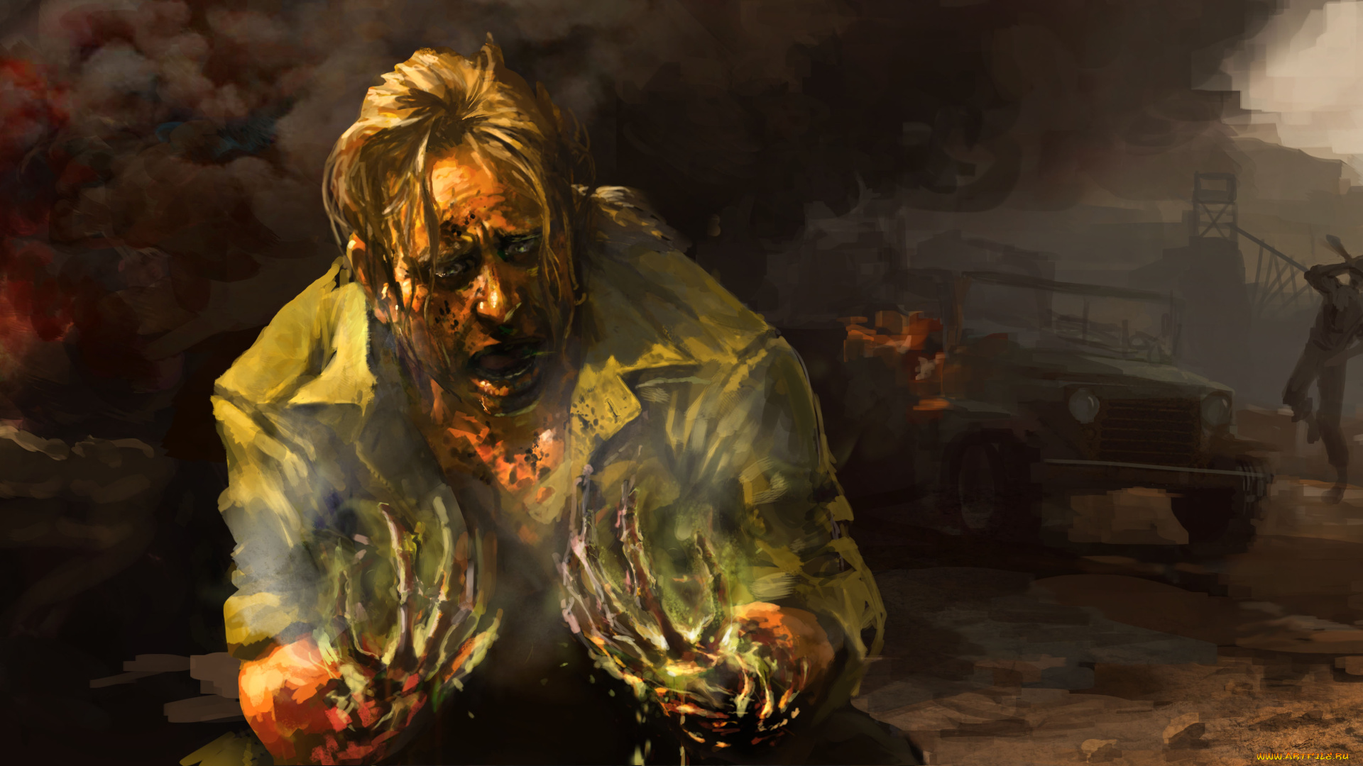 рисованное, комиксы, огонь, фон, мужчина