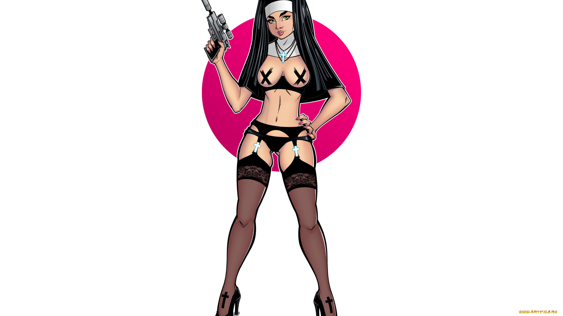 рисованное, комиксы, пистолет, униформа, взгляд, фон, девушка