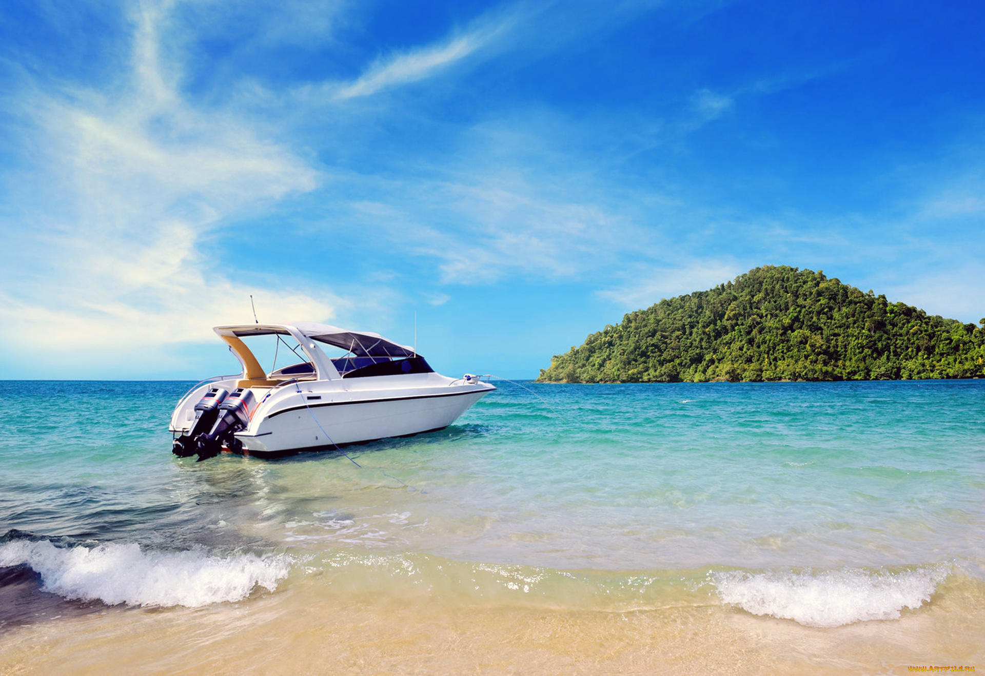 корабли, катера, лодка, море, остров