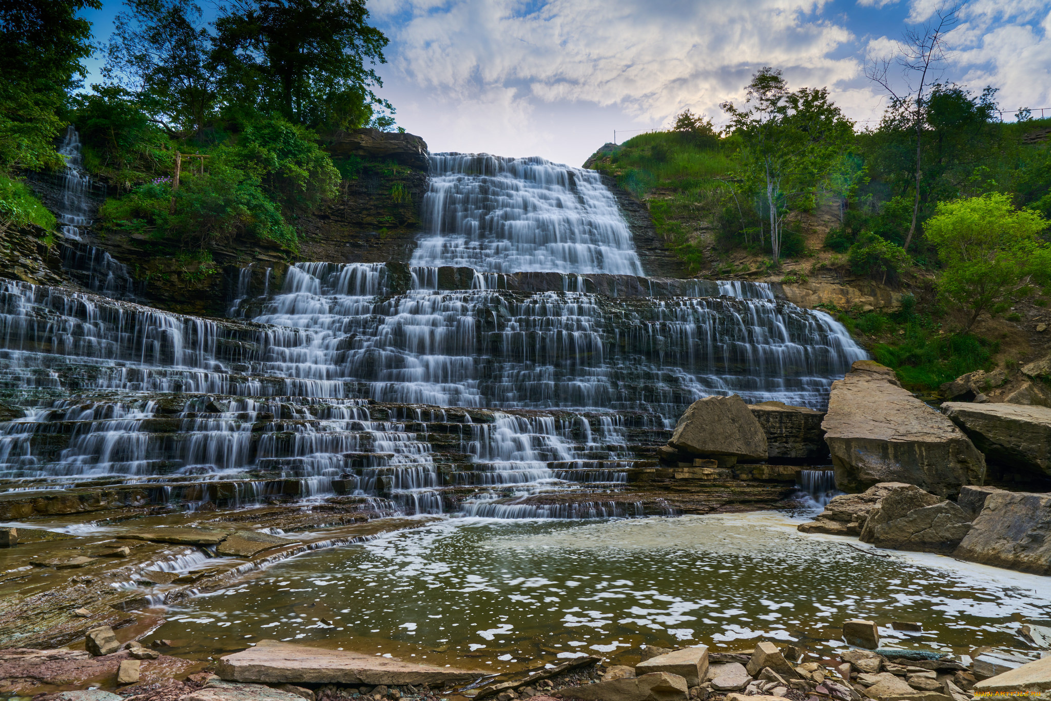 природа, водопады, водопад, лес, река
