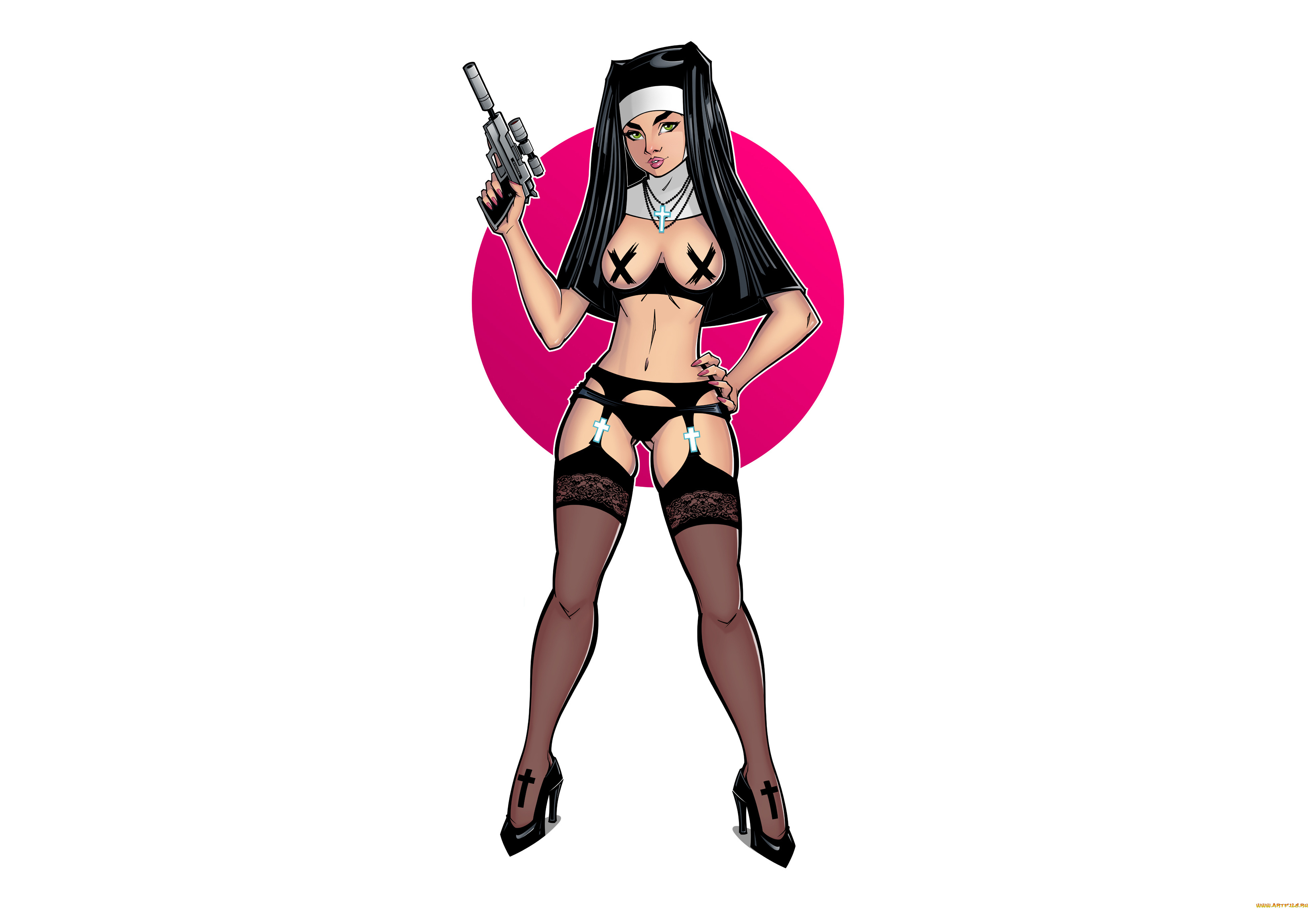 рисованное, комиксы, пистолет, униформа, взгляд, фон, девушка