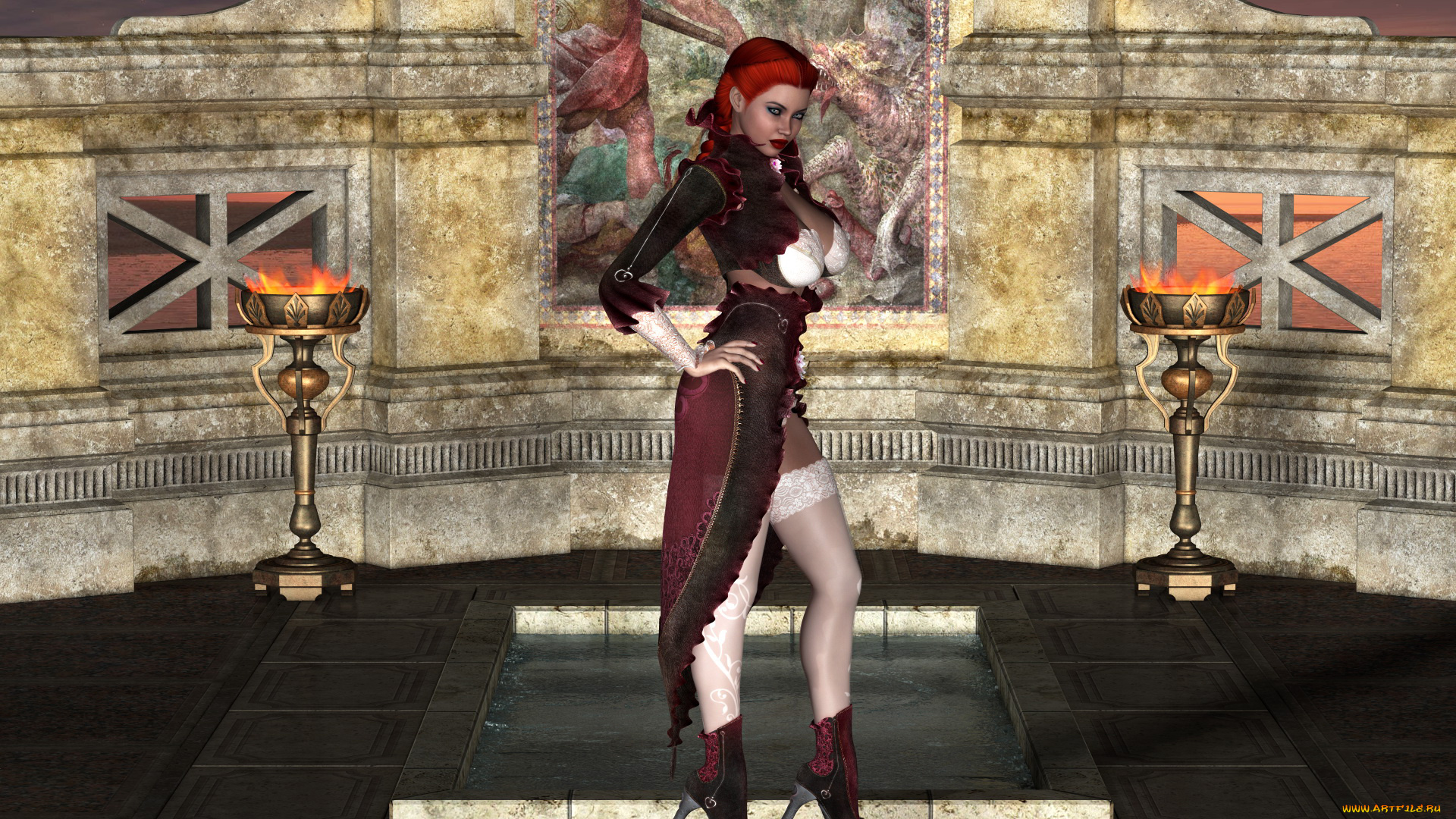 3д, графика, люди, , people, девушка, фон, взгляд, платье, чулки