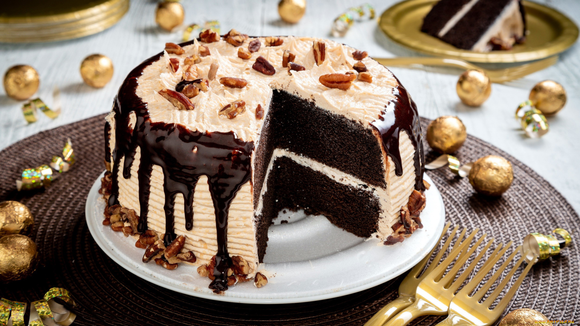 еда, торты, шоколадный, торт, орехи, глазурь