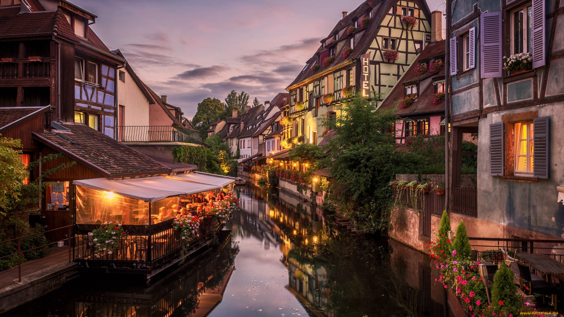 города, кольмар, , франция, канал, вечер, огни
