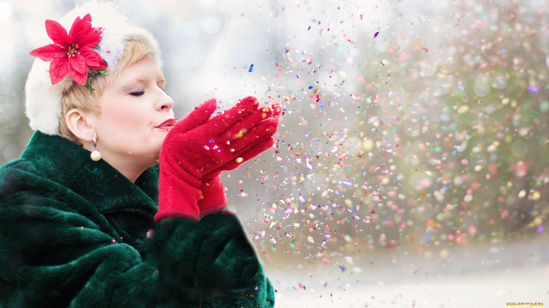 девушки, -, блондинки, , светловолосые, женщина, шуба, шапка, цветок, перчатки, конфетти, зима