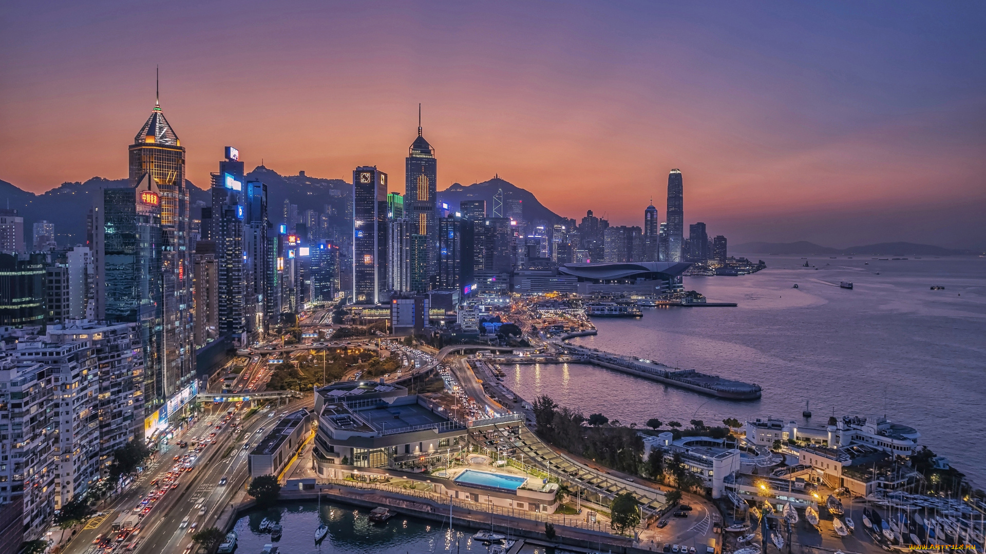 города, гонконг, , китай, гонконг, закат, городской, вид, азия, современные, здания