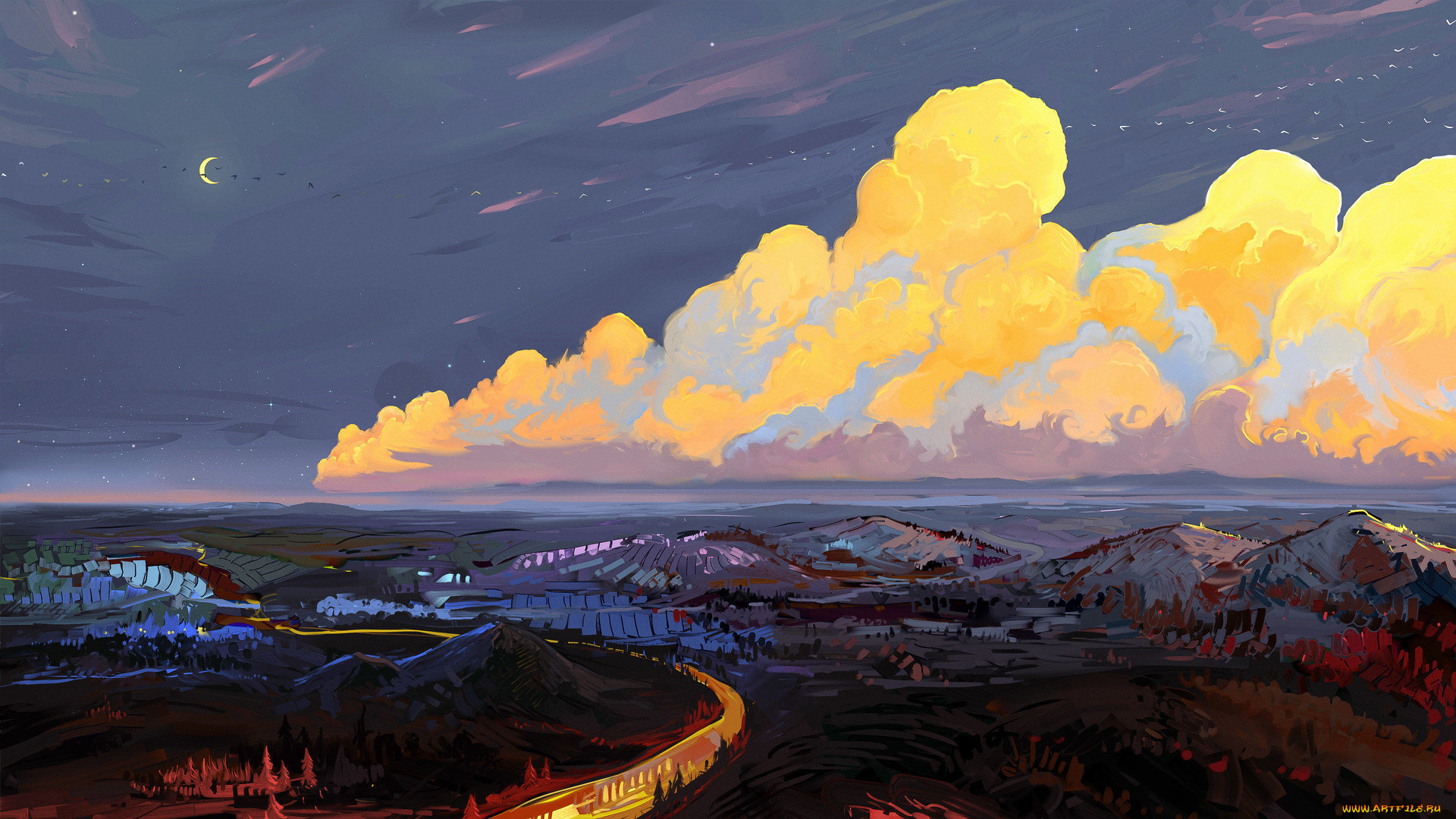 рисованное, города, небо, тучи, горы, поселение